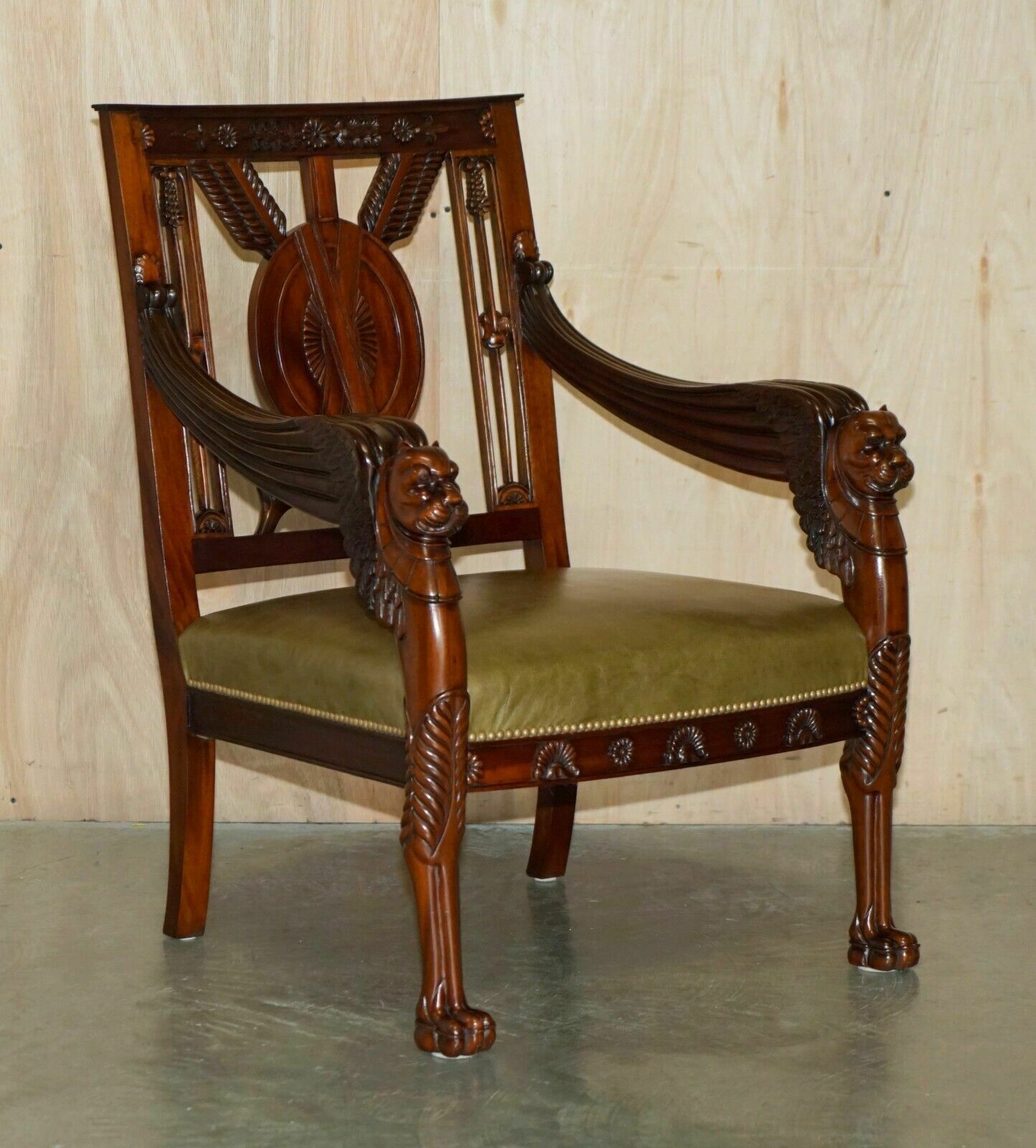 Exquisite Pair Of Hand Carved Mahogany Library Armchairs Lion Griffon Wing Arms photo furniture