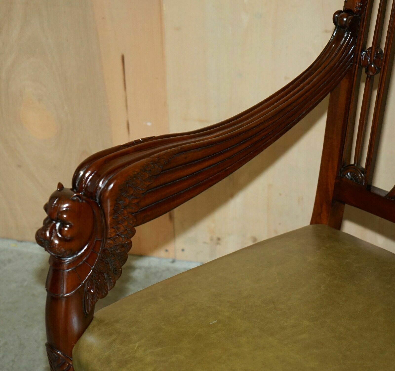 Exquisite Pair Of Hand Carved Mahogany Library Armchairs Lion Griffon Wing Arms photo buy