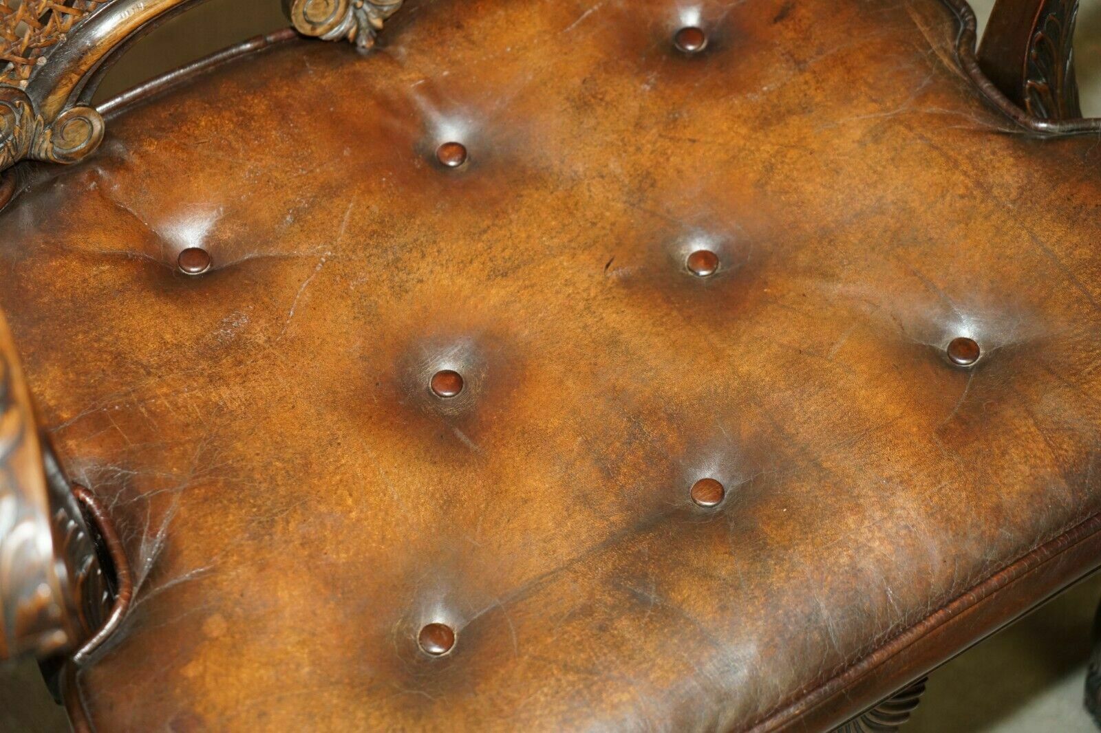 Furniture Victorian Thomas Chippendale Lion's Hairy Paw Bergere Brown Leather Armchair photo