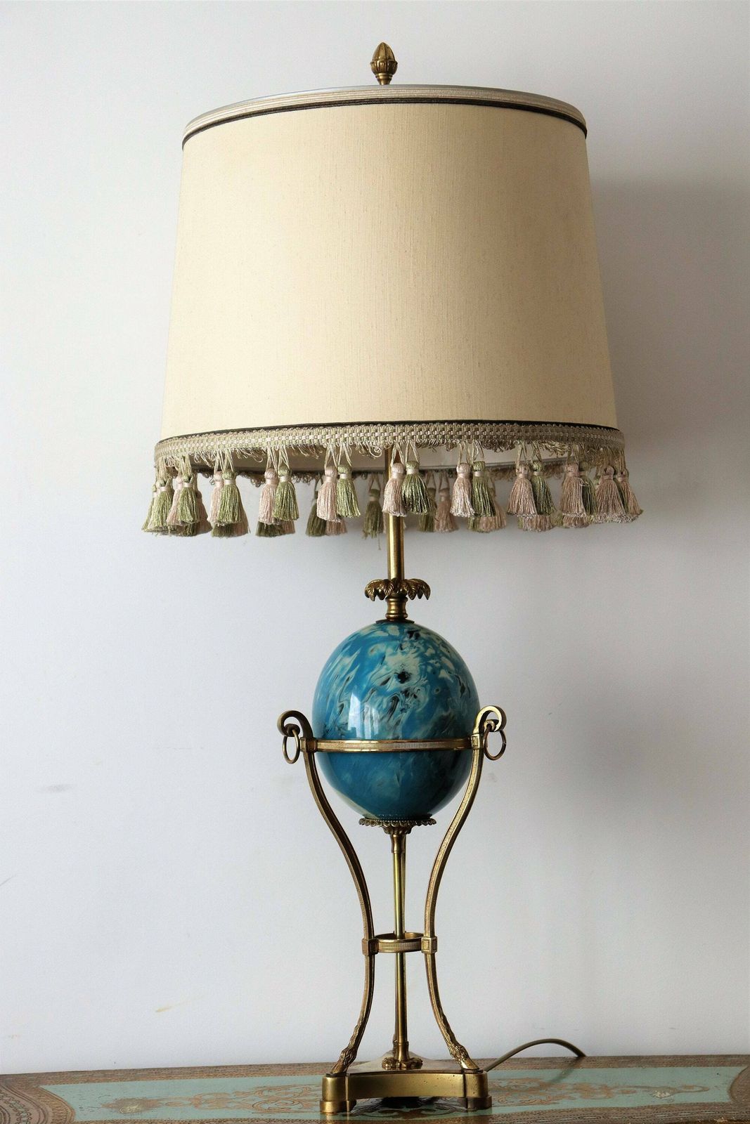 Hollywood Regency Neoclassical Blue Ostrich Egg Palm Table Or Desk Lamp Attributed To Maison Charles (St.88) photo furniture