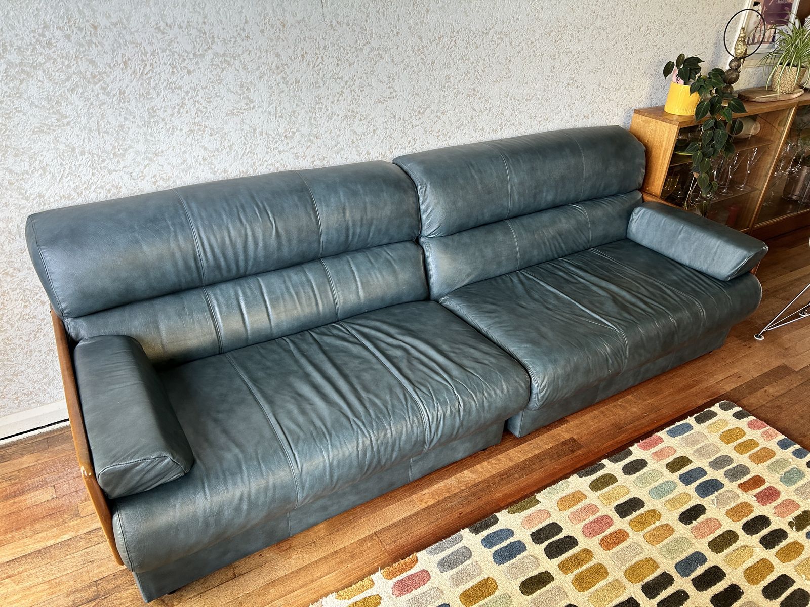 Mid Century Danish Design Blue Leather Sofa. Fantastic Condition photo Furniture