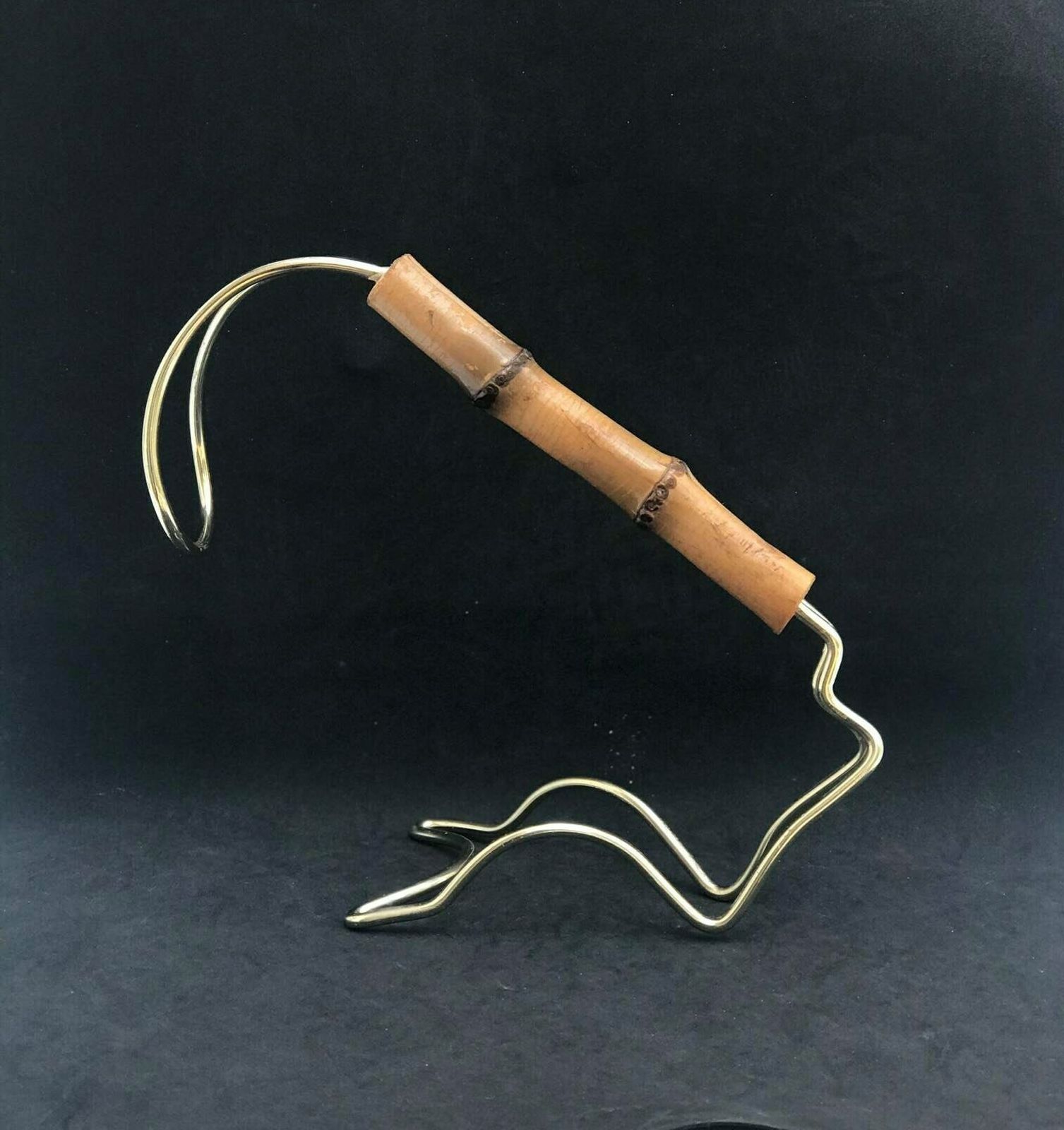 photo for sale Wine Stand Bottle Holder Wine Pourer Stand Caddy Gold Light Wire And Bamboo On The Handle, 70s Bar Cart Hollywood Regency Gift For Him