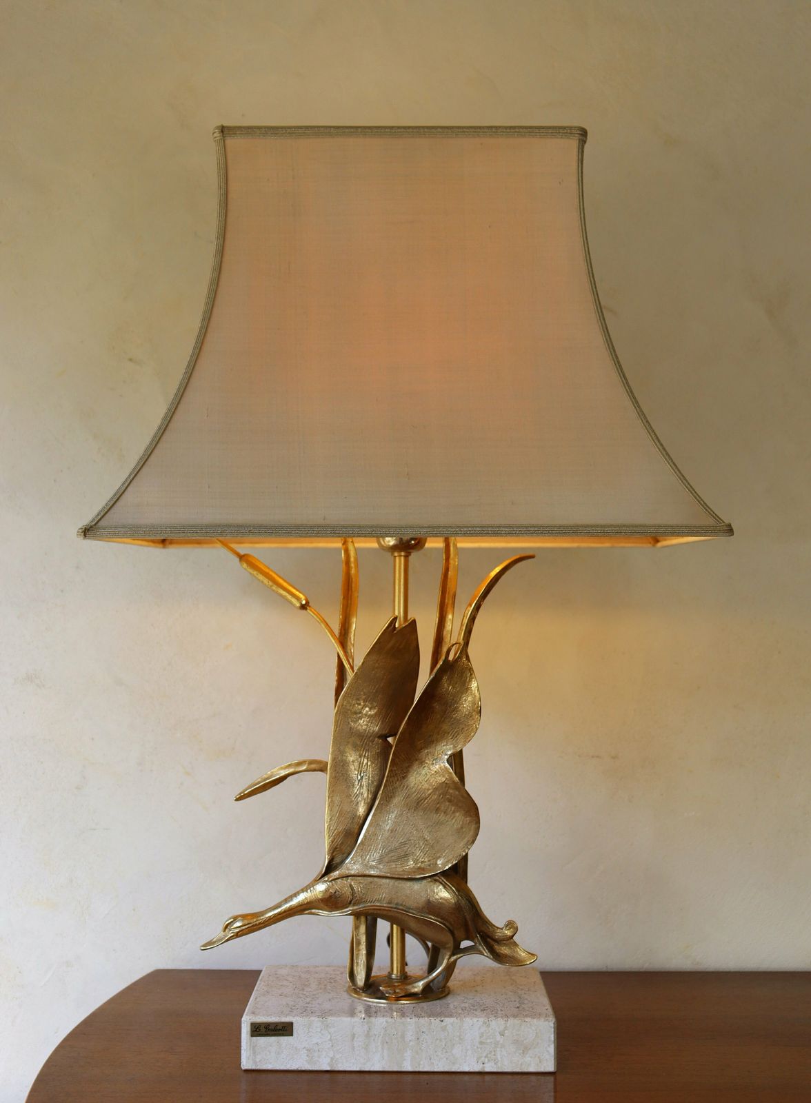 Hollywood Regency Desk Or Table Lamp , Italian Design Vintage Brass Bird And Travertine By L. Galeotti 1970's (St.20) photo Lighting