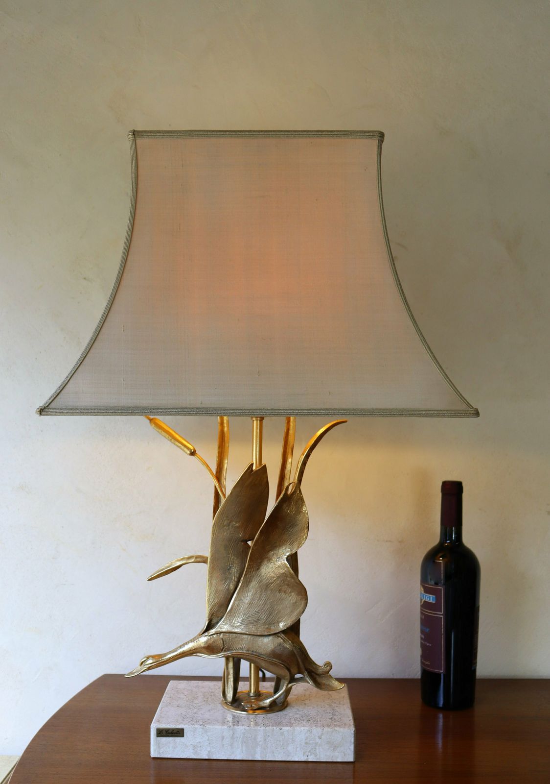Hollywood Regency Desk Or Table Lamp , Italian Design Vintage Brass Bird And Travertine By L. Galeotti 1970's (St.20) photo vinterior