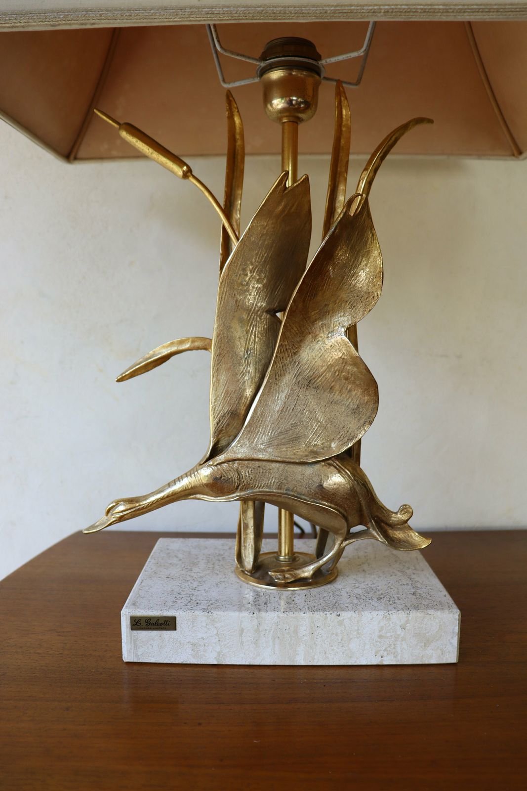 Hollywood Regency Desk Or Table Lamp , Italian Design Vintage Brass Bird And Travertine By L. Galeotti 1970's (St.20) photo vintage