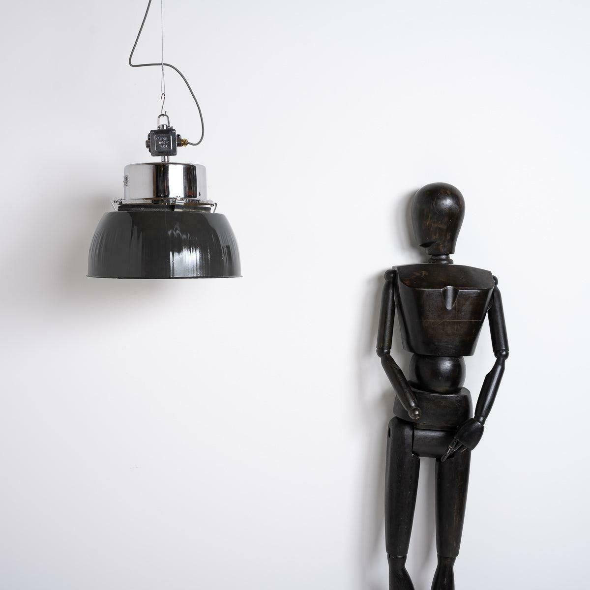 Xl Polish Factory Lights With Prismatic Glass   Graphite Grey / Polished Steel
