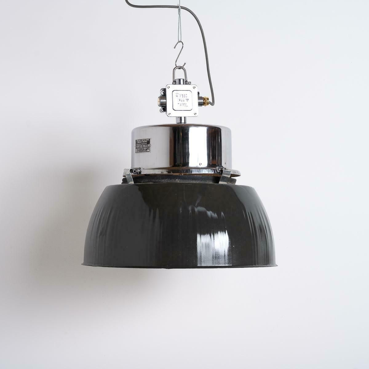 Xl Polish Factory Lights With Prismatic Glass   Graphite Grey / Polished Steel photo vinterior
