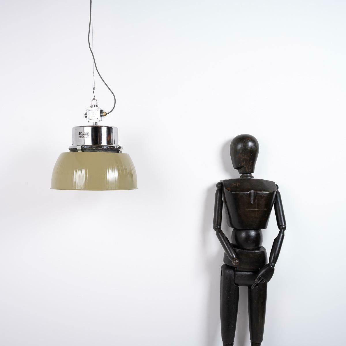 Xl Polish Factory Lights With Prismatic Glass   Olive Green / Polished Steel photo for sale