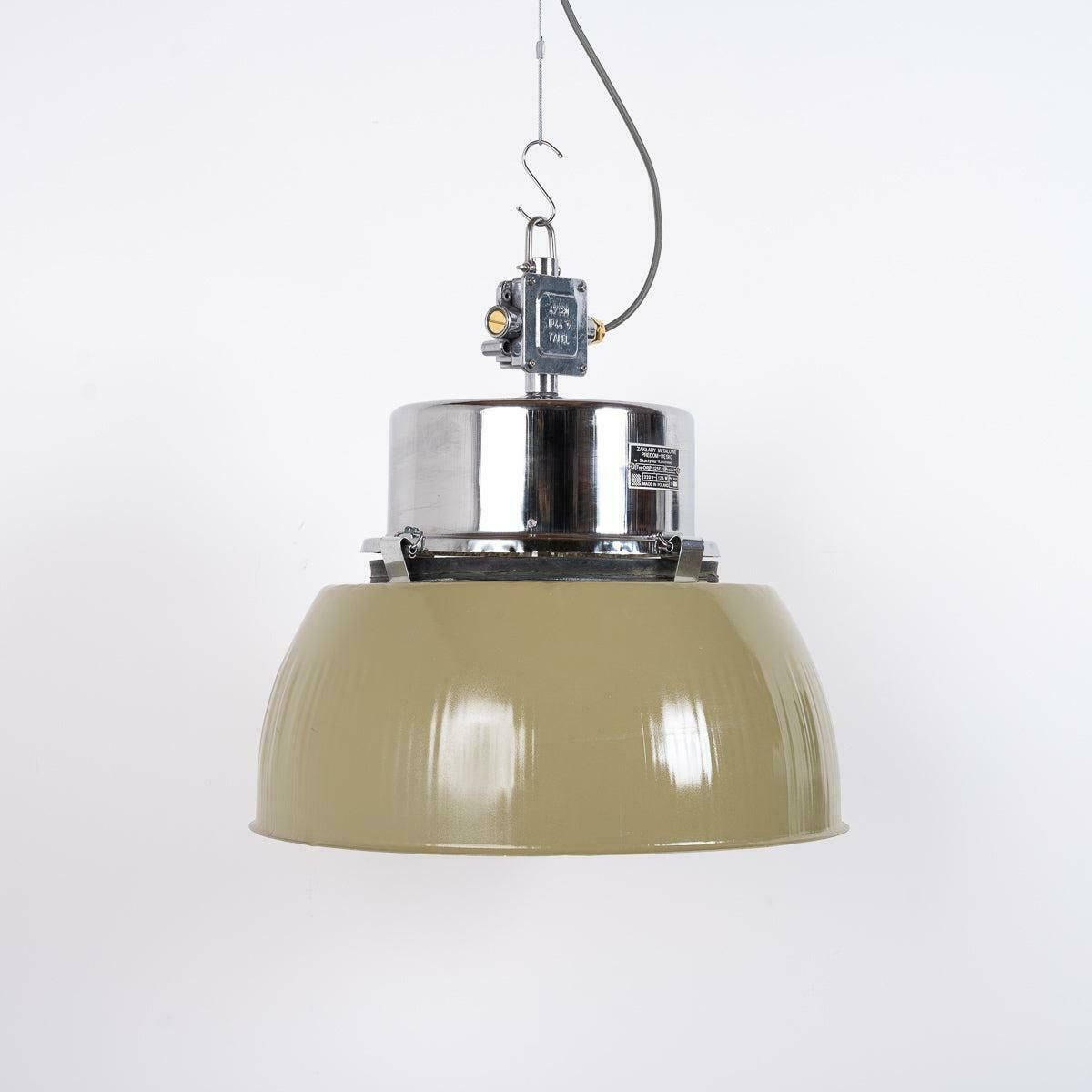 Xl Polish Factory Lights With Prismatic Glass   Olive Green / Polished Steel photo vinterior