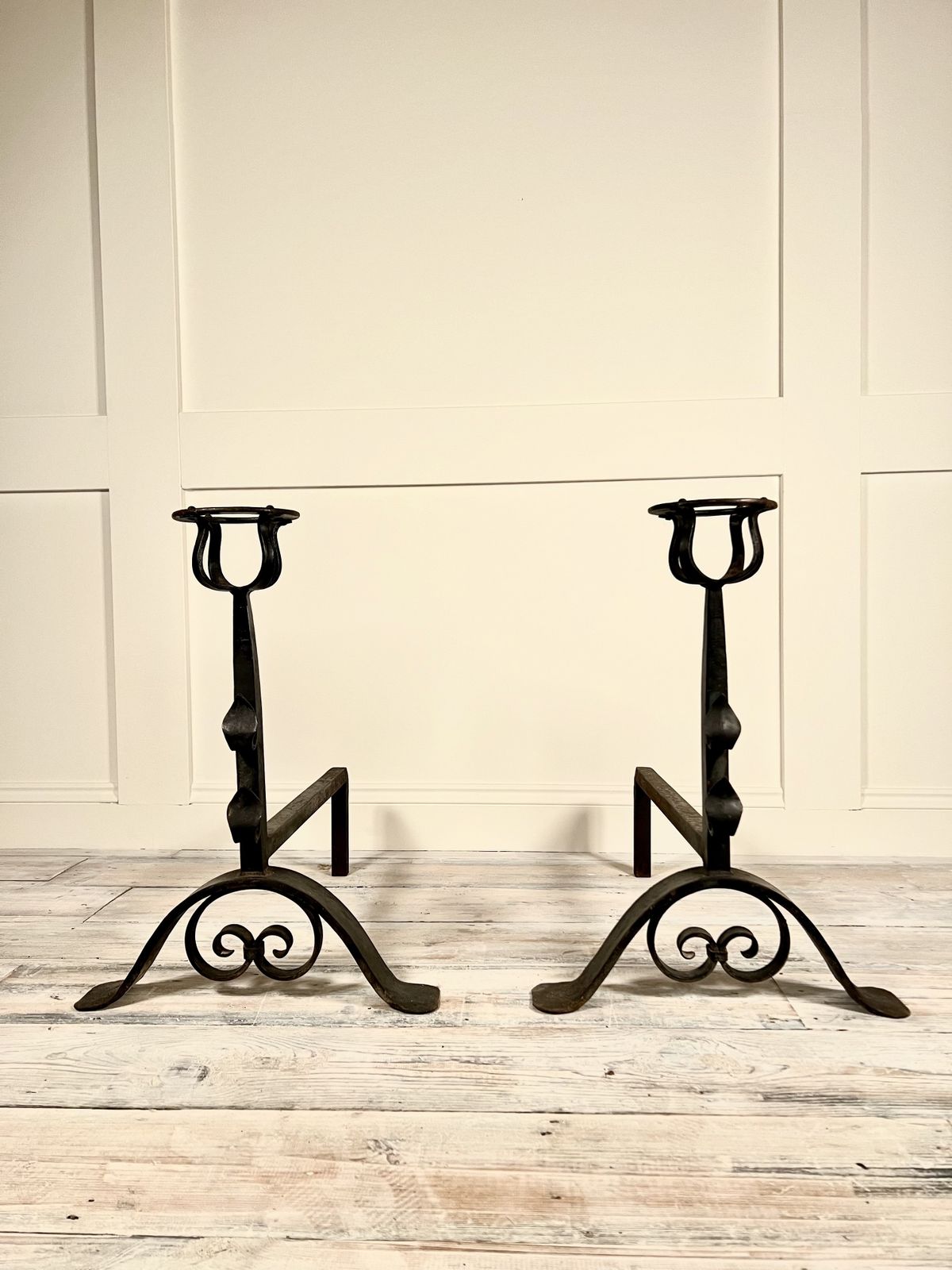 Pair Of Arts & Crafts Wrought Iron Floor Standing Low Candle Holders C.1880