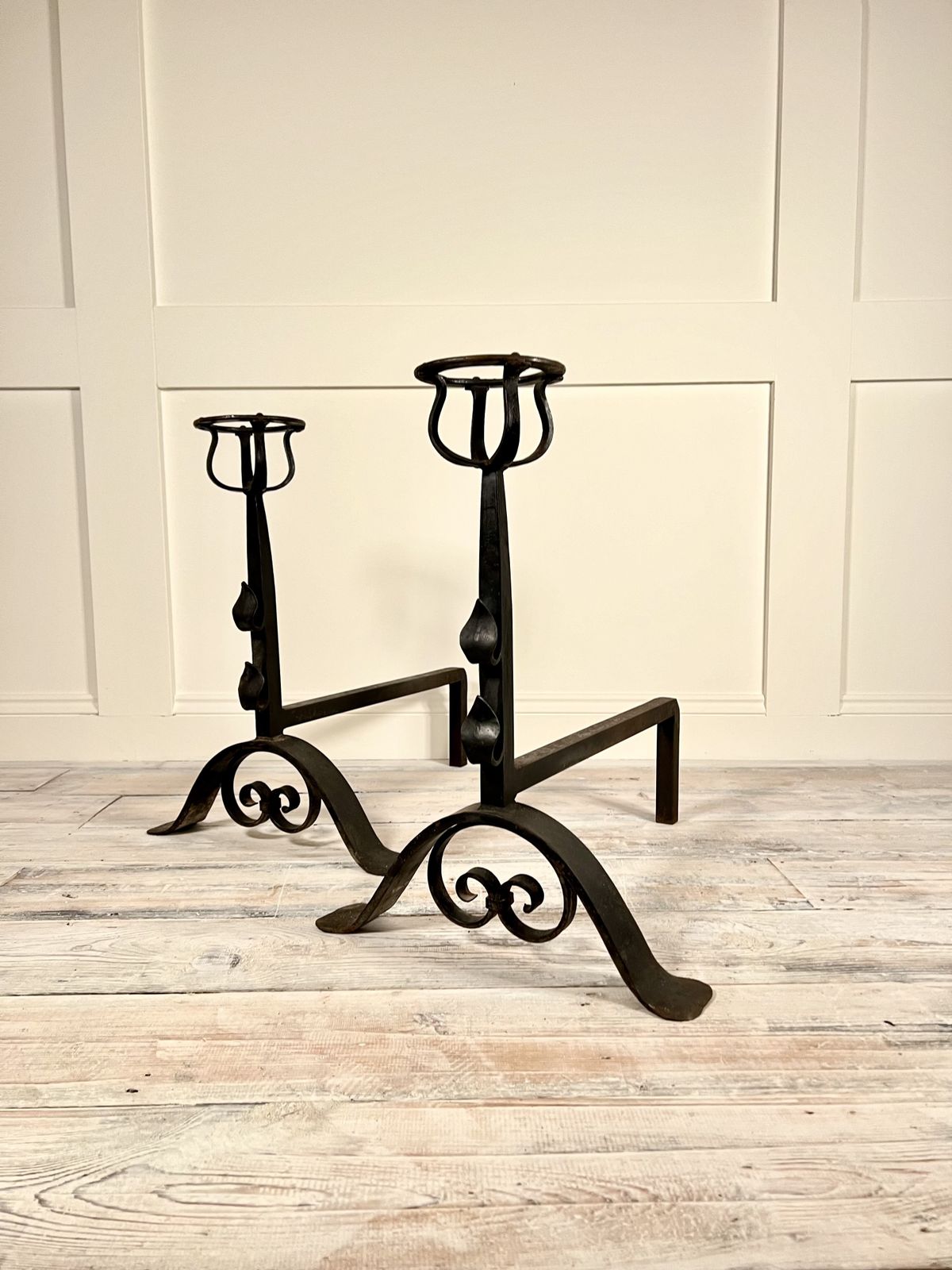 Pair Of Arts & Crafts Wrought Iron Floor Standing Low Candle Holders C.1880 photo vinterior