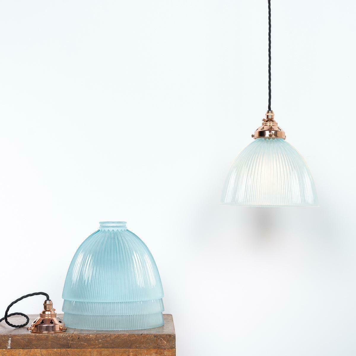 photo vintage Antique Holophane E100 Blue Frosted Prismatic Glass & Copper Pendant Lights