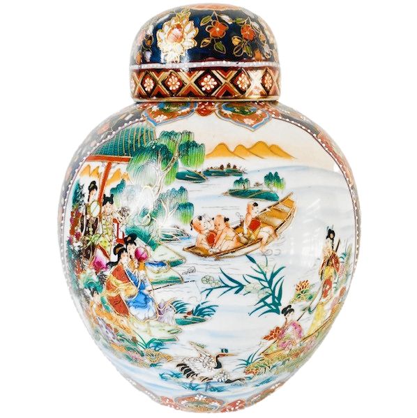 Vintage Xl Chinese Ginger Jar Geisha's Flowers Blue Gold photo furniture