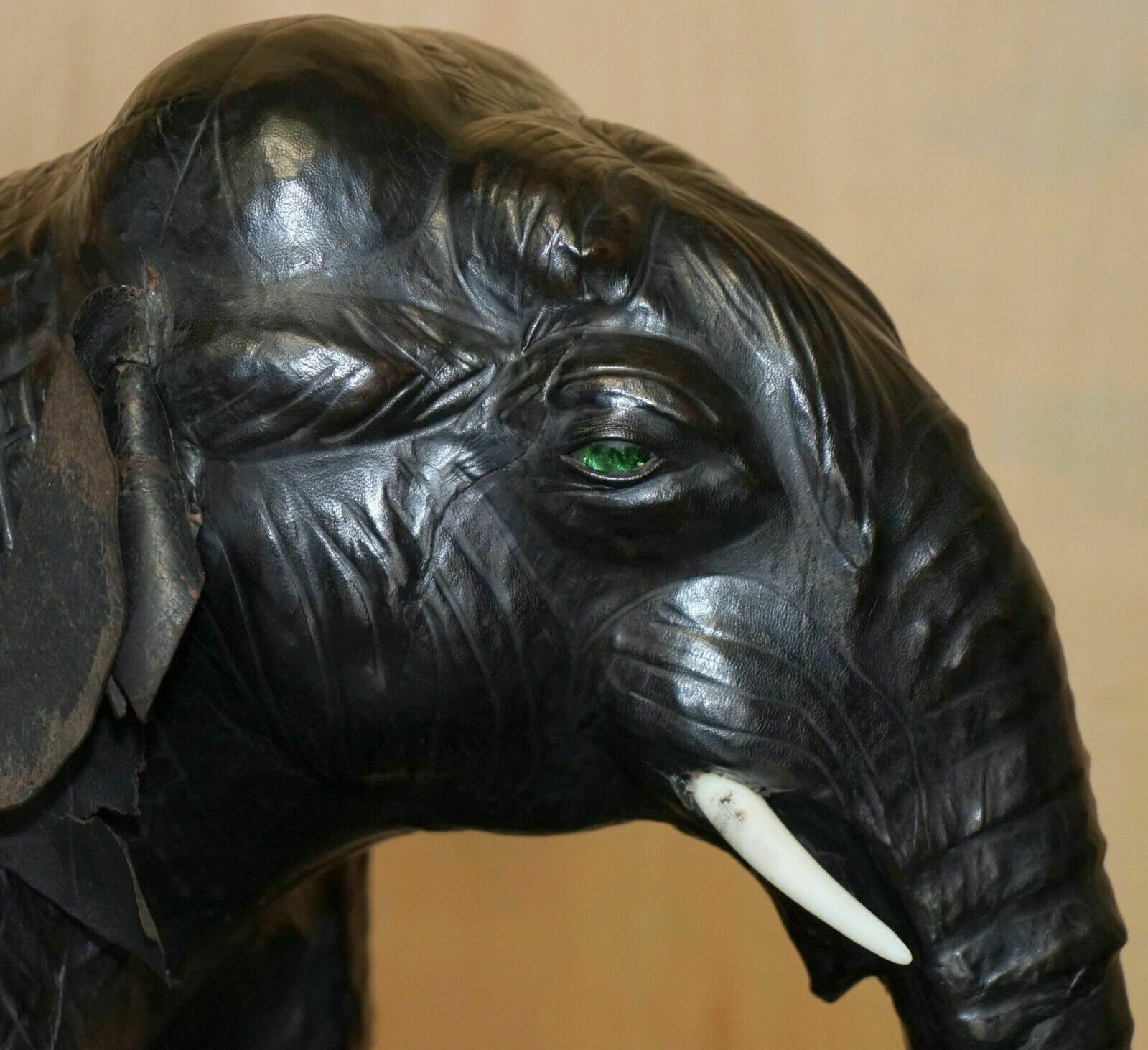 Super Rare Green Eyed Liberty's London Omersa Leather Elephant Footstool Stool photo for sale