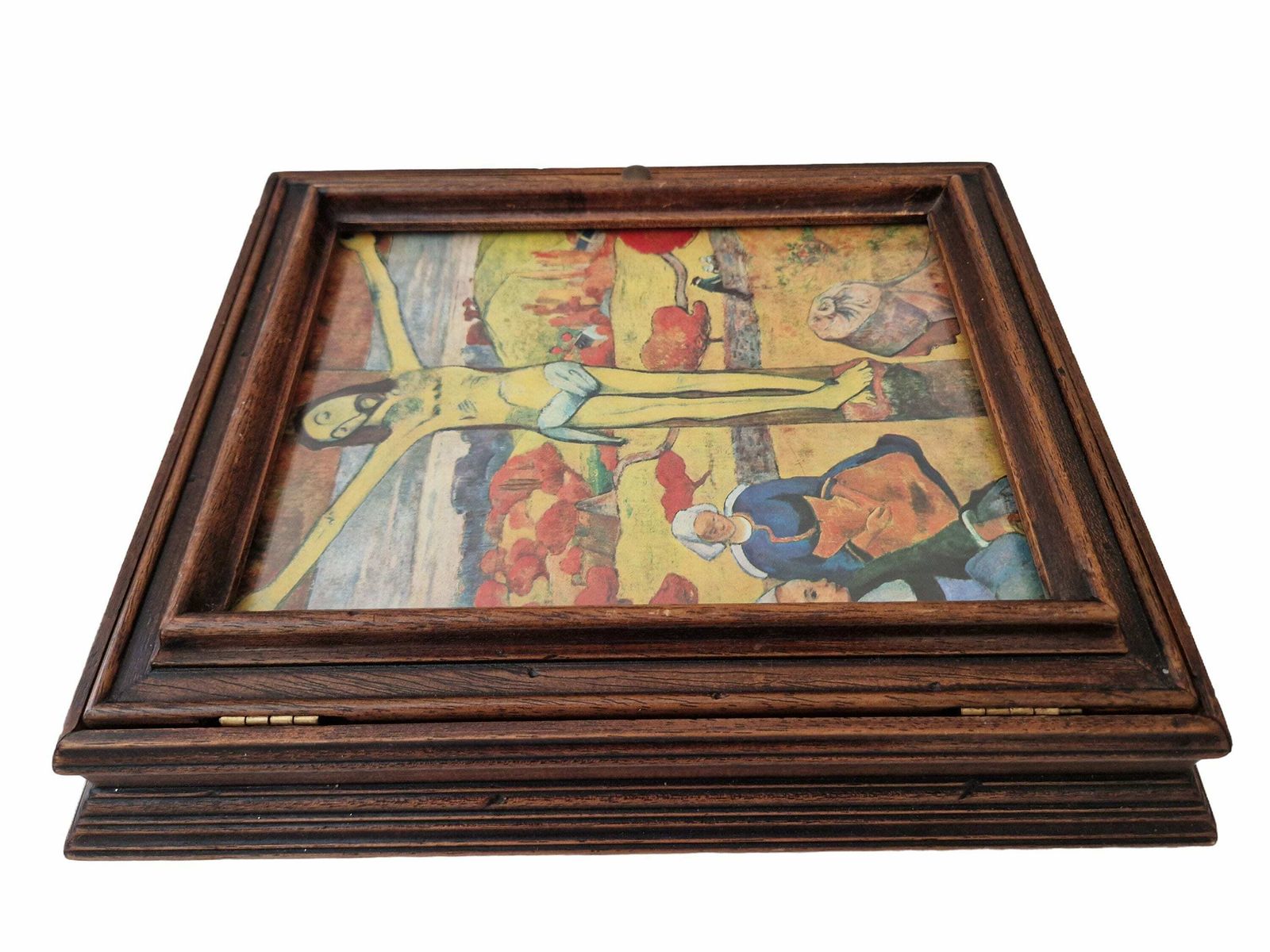 French Wooden Key Holder Cabinet With Paul Gauguin Art Print, The Yellow Christ, Entryway And Kitchen Hanging Hooks photo vinterior