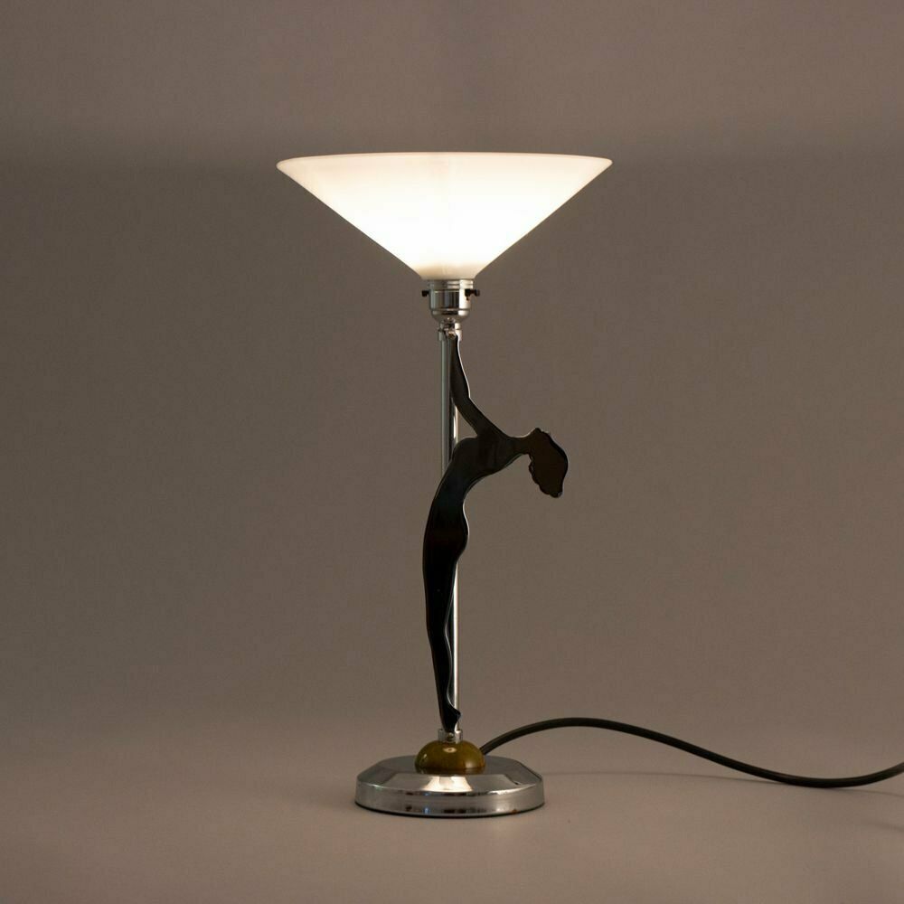 Art Deco Chrome Table Lamp With A Nude Silhouette On Green Phenolic Mound, British C.1930 photo furniture