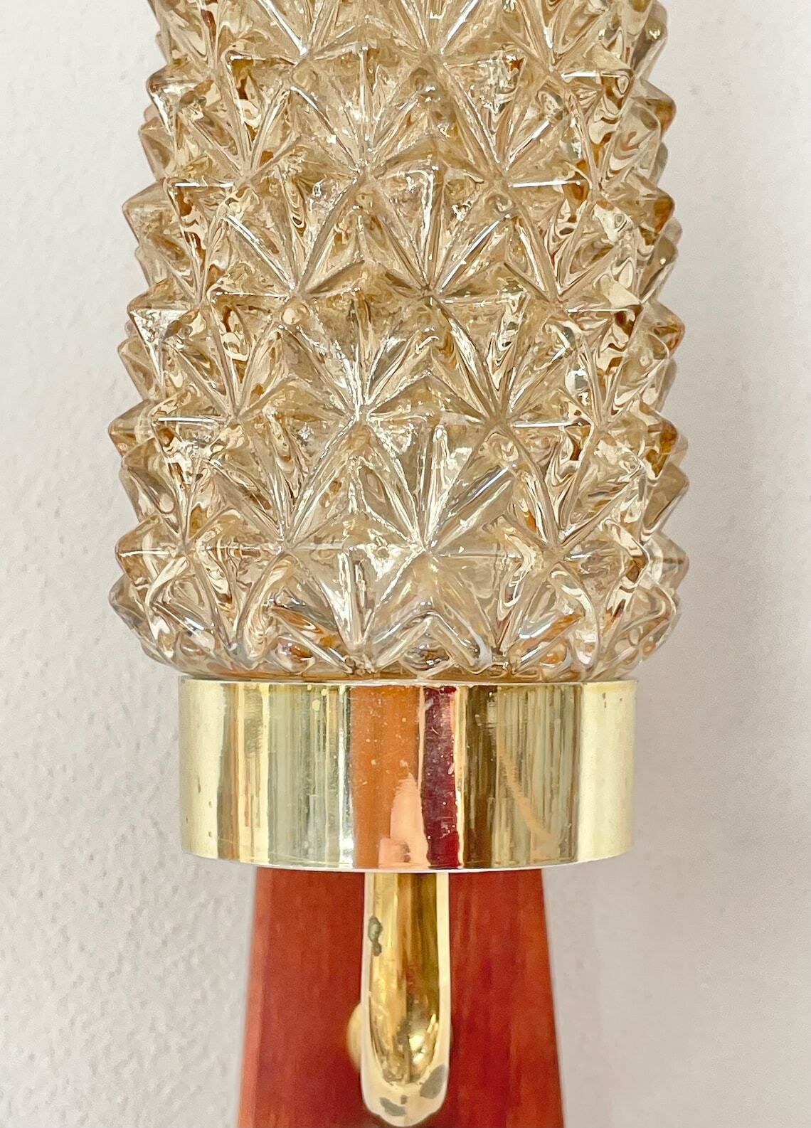 Single Danish Mid Century Teak Wooden Wall Lamp With Heavy Amber Glass Shade In Spike Pattern photo buy