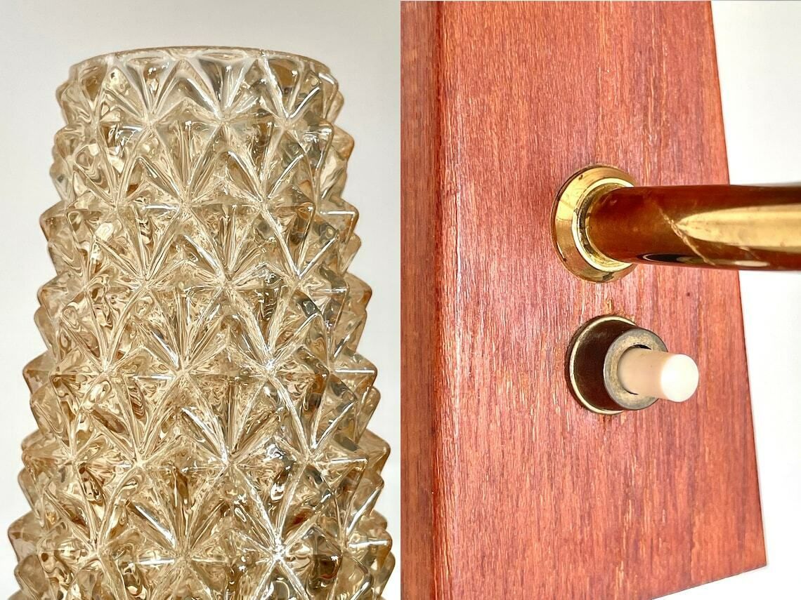 photo furniture Single Danish Mid Century Teak Wooden Wall Lamp With Heavy Amber Glass Shade In Spike Pattern