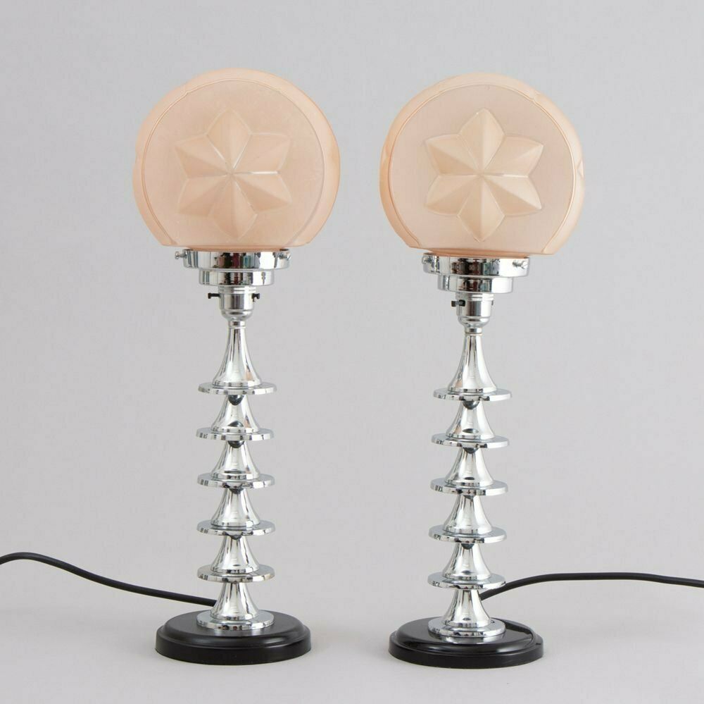 Pair Of Modernist Art Deco Table Lamps With Frosted Glass Star Shades, British C.1930
