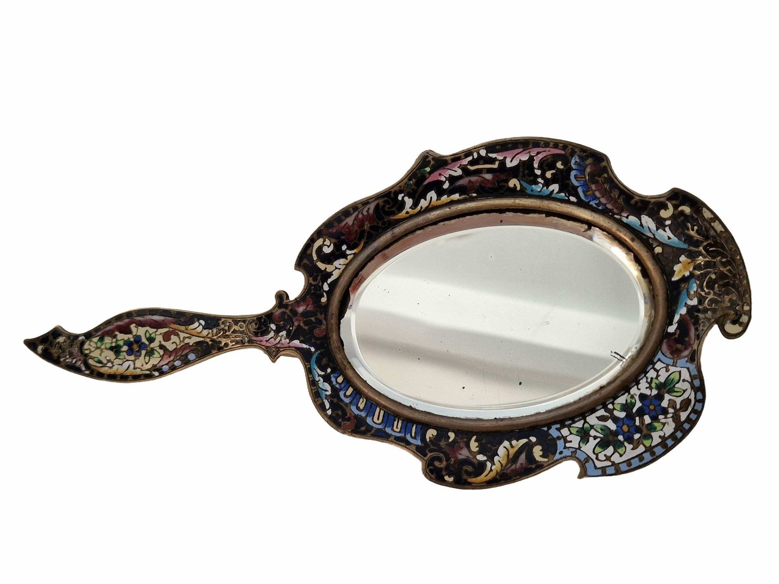 Champleve Hand Mirror With Beveled Glass, Antique French Brass And Enamel Cloisonné Looking Glass photo furniture