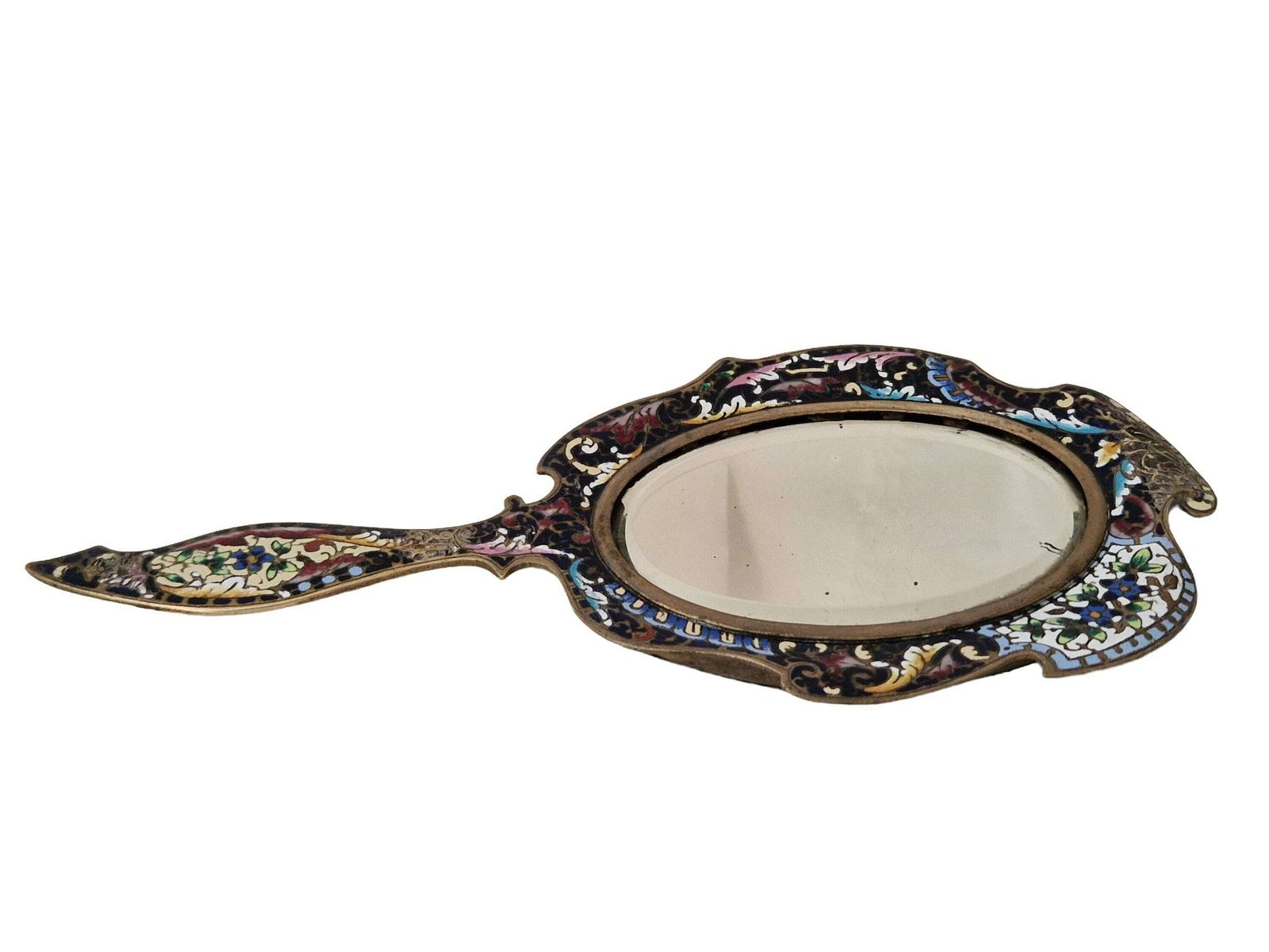 Champleve Hand Mirror With Beveled Glass, Antique French Brass And Enamel Cloisonné Looking Glass photo vintage