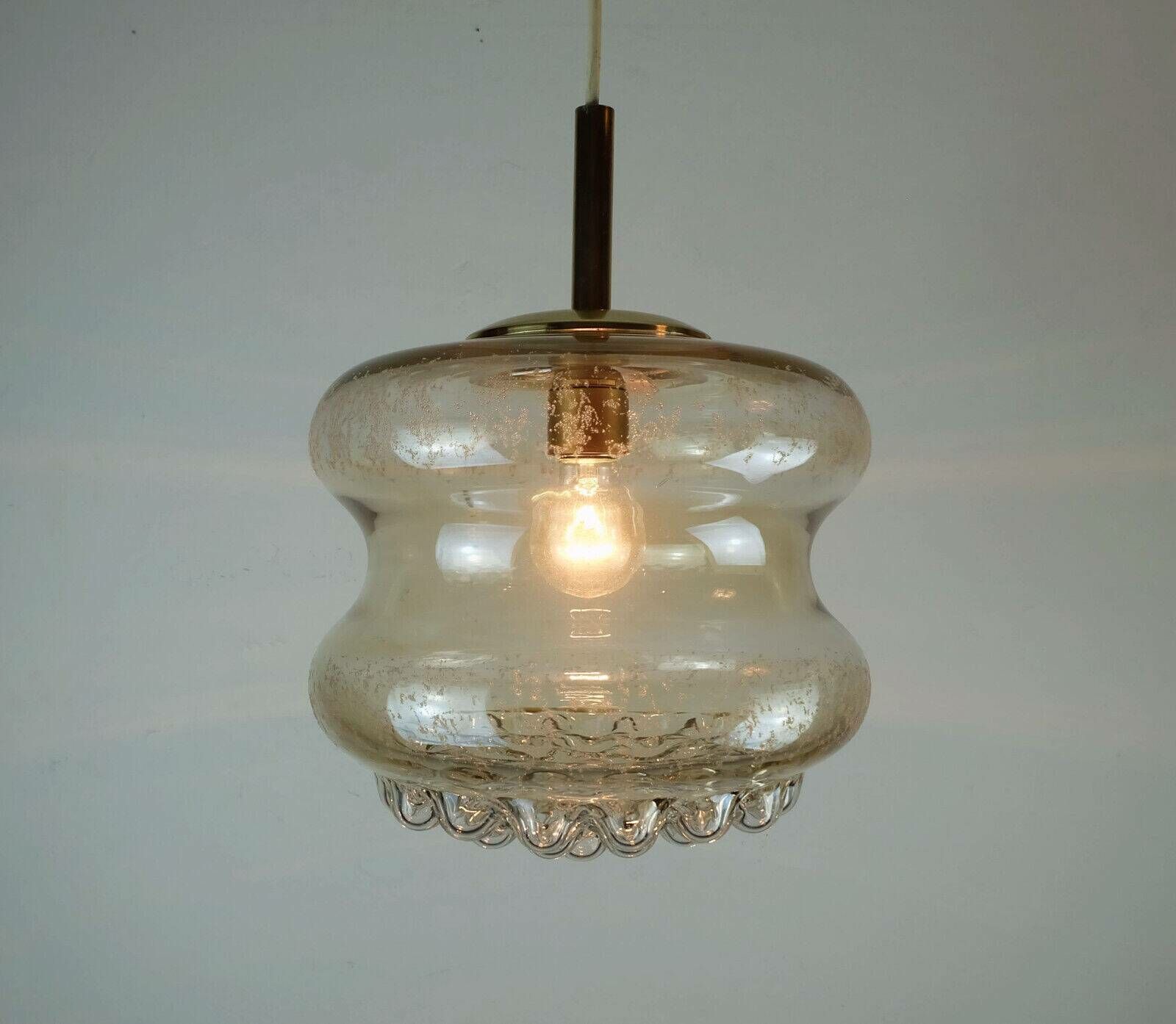 photo for sale Mid Century Pendant Light In Bubble Amber Glass And Brass 1960s