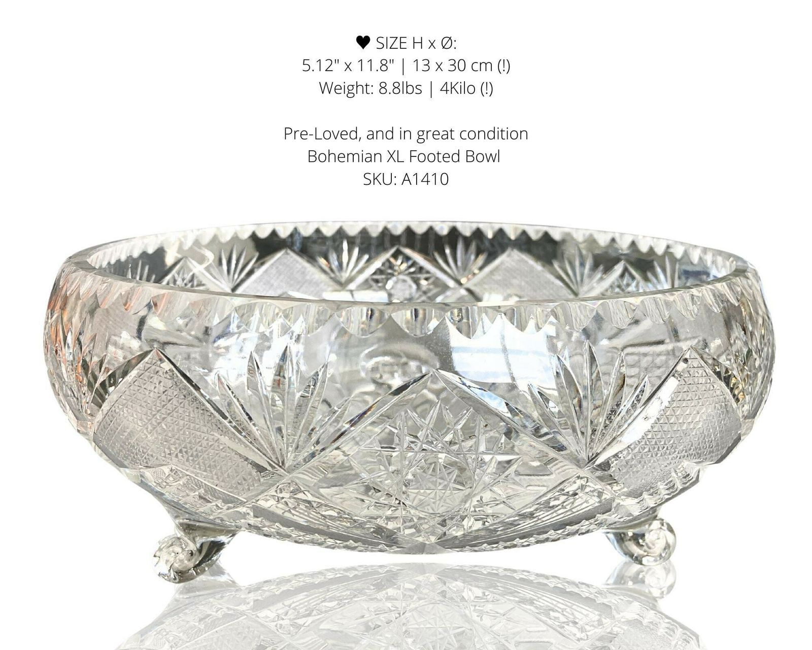 Crystal Footed Bowl | 11.8 Tall (30cm) | Heavy 8.8lbs (4kilo) | 1960s photo furniture
