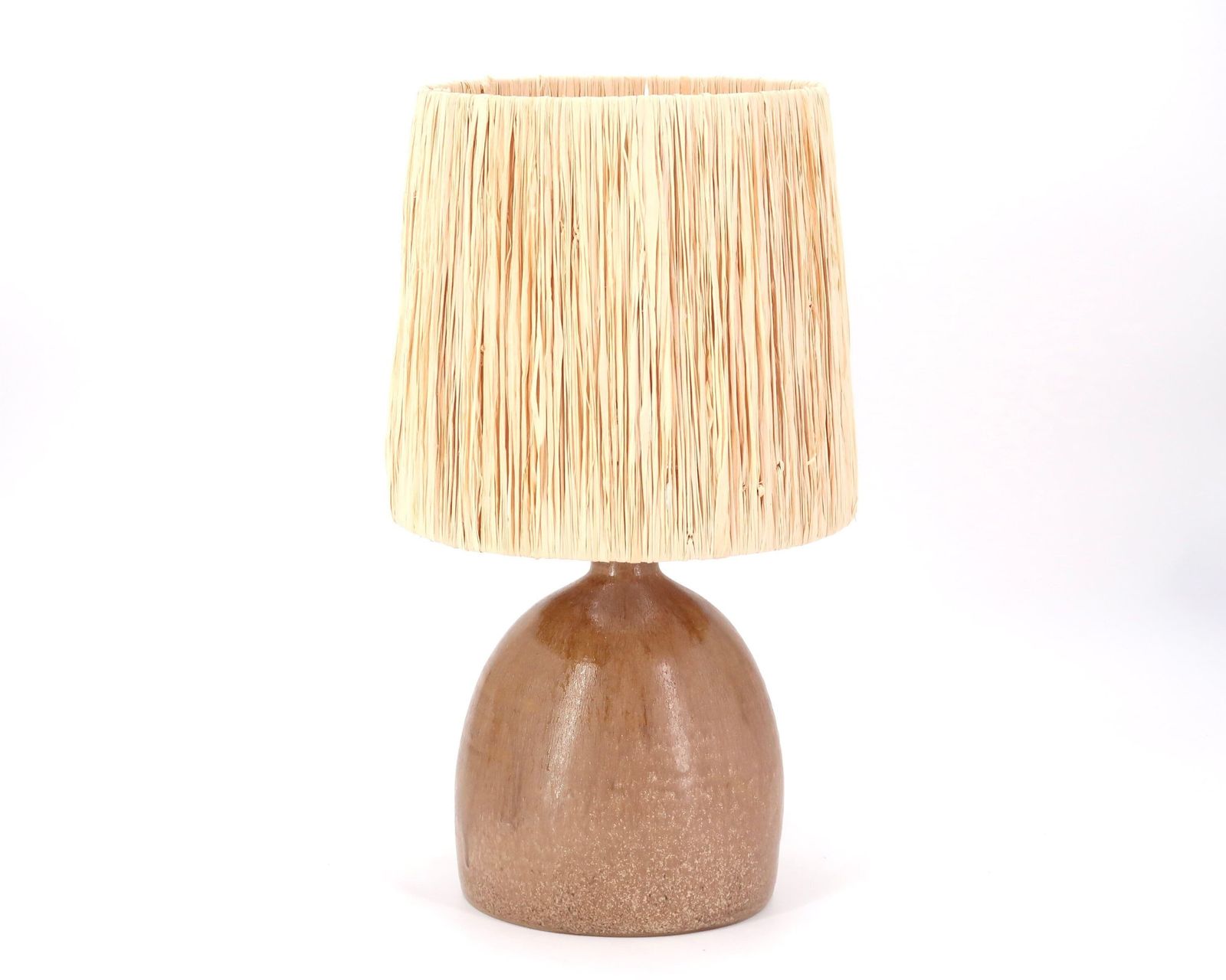 French Brown Ceramic Table Lamp, Raffia Shade, 1970s / Stoneware, Beige, Boho Chic, Folk, Country