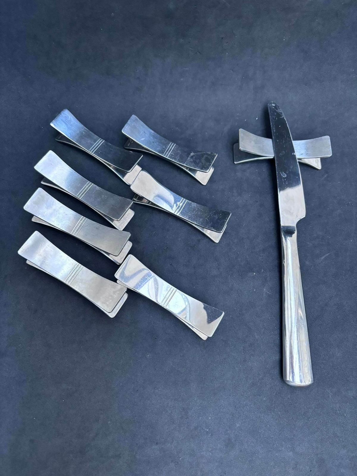 photo for sale Knife Rest Set Of 8 French Vintage Letang Remy Stainless Steel Mid Century Modern Modernist Wedding Gift Cutlery Rest Hostess Gift 1950s
