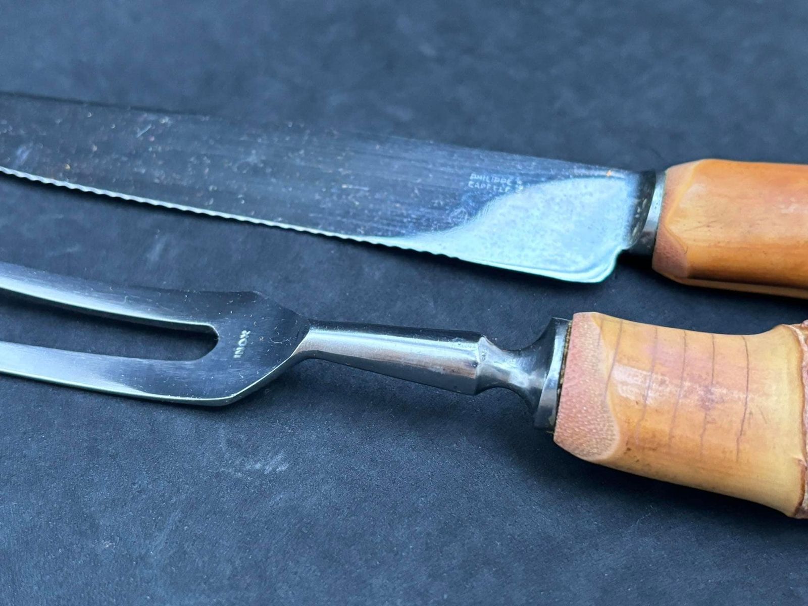 photo for sale Bamboo Flatware Set Carving Knife Fork Boho Chic Bohemian Tiki Folk Country Food Photography Prop Nature Tikki Decor Grill Gift For Her