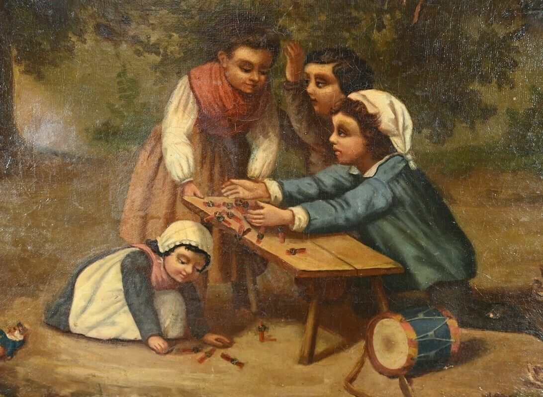Oil On Canvas “Children’s Games”, 19th Century French School photo for sale