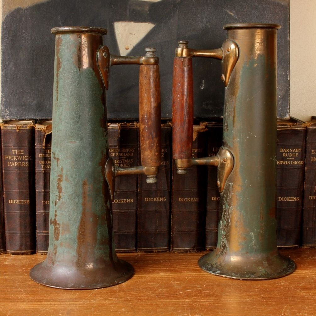 Steam Ship Boiler Room Test Jugs. Art Nouveau Rustic Verdigris Vases. photo for sale