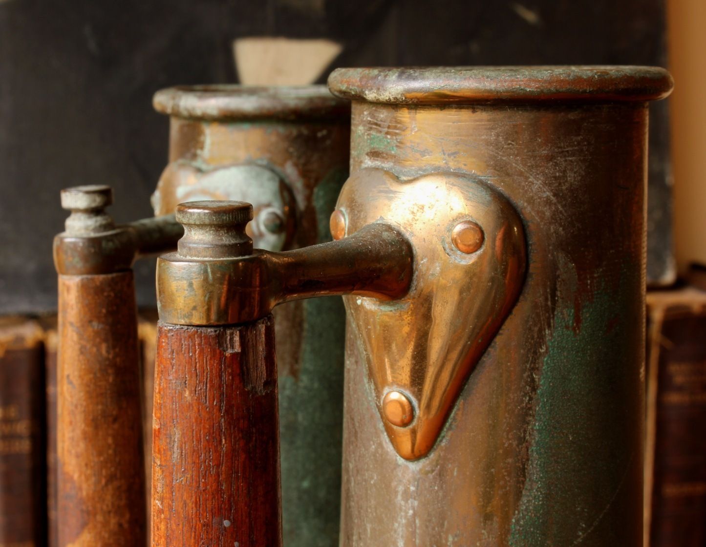 Steam Ship Boiler Room Test Jugs. Art Nouveau Rustic Verdigris Vases. photo vinterior