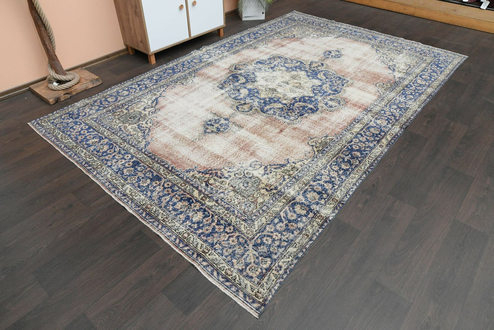 7x11 Orange Blue Turkish Rug, Handmade Vintage Oushak Rug, Antique Rug, Home Decor, Large Rug, Distressed Rug, 7x11 Area Rug, 6.7x10.7 Ft photo Textiles