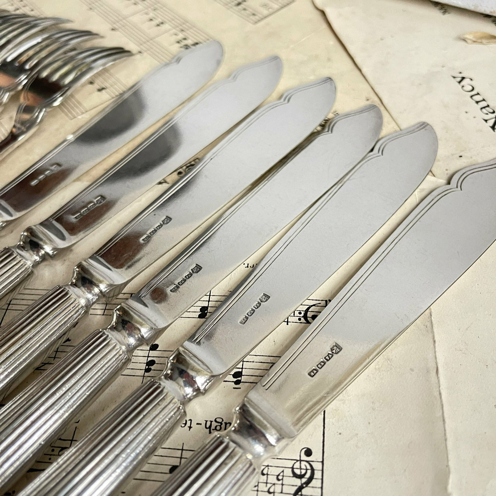 photo furniture Vintage Fish Cutlery Silver Plated   Reed Pattern   Set Of 6 Flatware   Food Photography Props   Atkin Brothers Sheffield