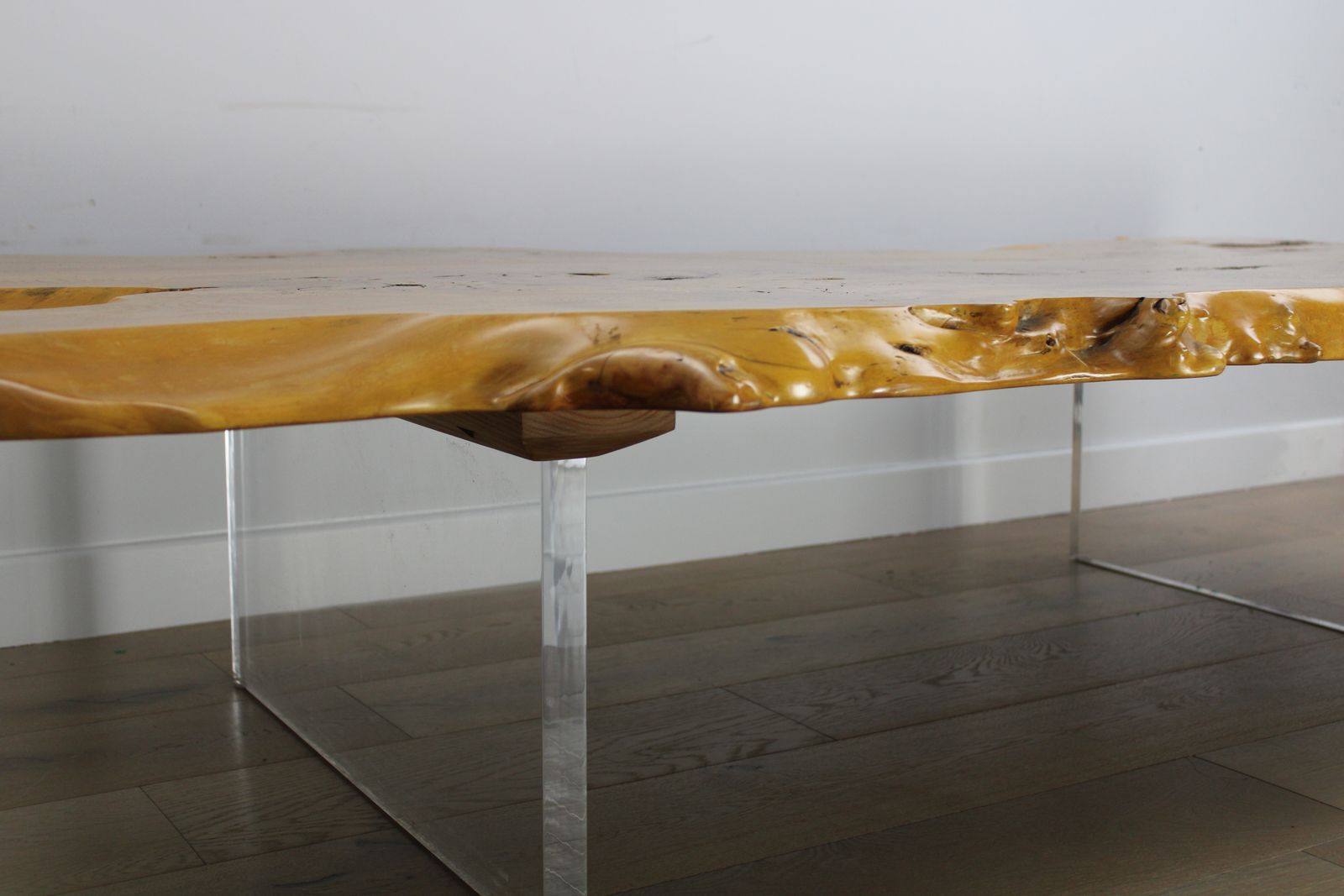 'Floating' Mid Century Italian Burr Elm Coffee Table On Lucite Blocks photo for sale