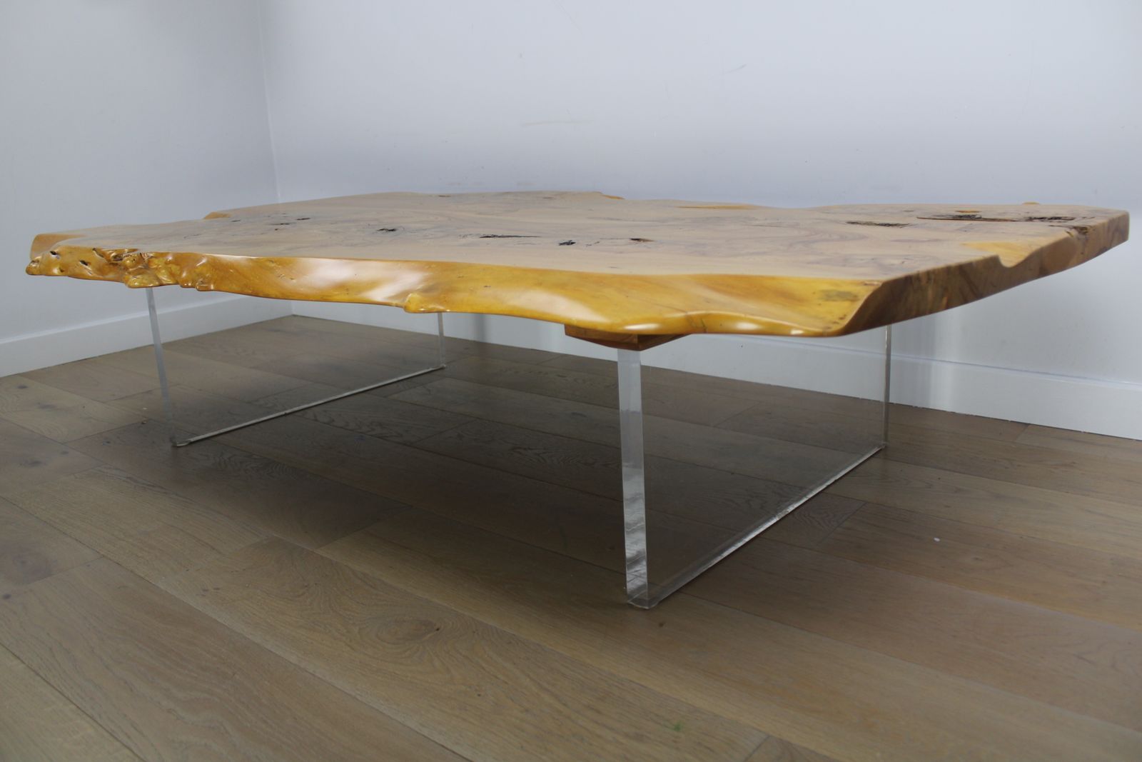 'Floating' Mid Century Italian Burr Elm Coffee Table On Lucite Blocks photo buy