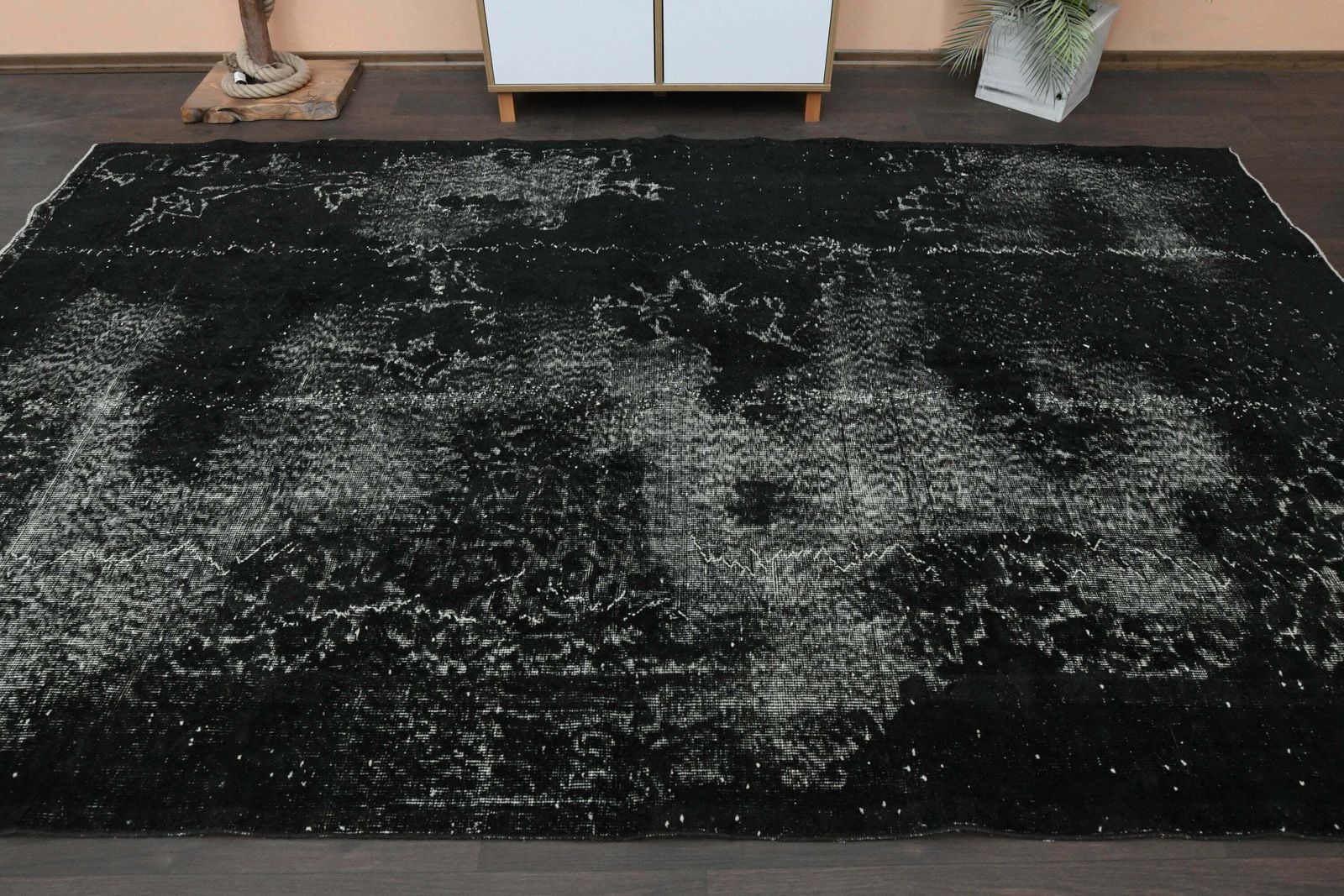 6x10 Distressed Solid Black Wool Vintage Rug, Handmade Turkish Oushak Rug, Living Room Rug, Bedroom Rug, Antique, 6x10 Area Rug, 6.4x10.4 Ft photo furniture