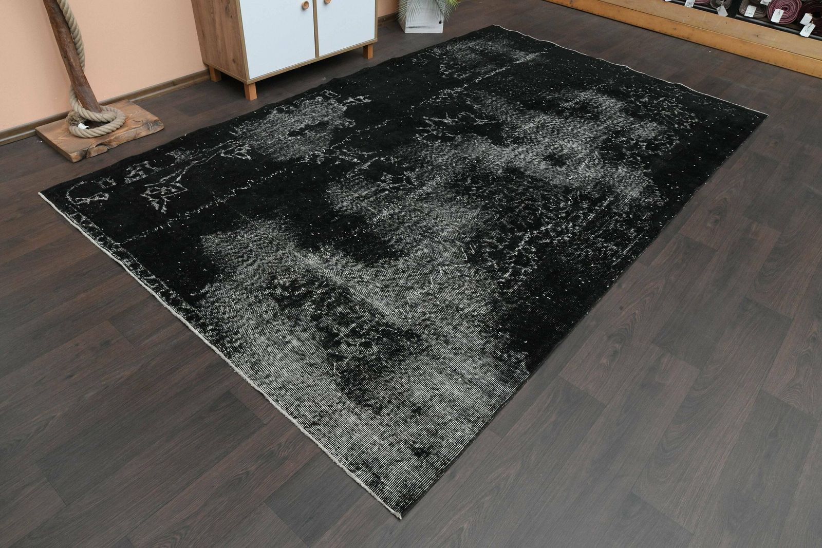 6x10 Distressed Solid Black Wool Vintage Rug, Handmade Turkish Oushak Rug, Living Room Rug, Bedroom Rug, Antique, 6x10 Area Rug, 6.4x10.4 Ft photo Textiles