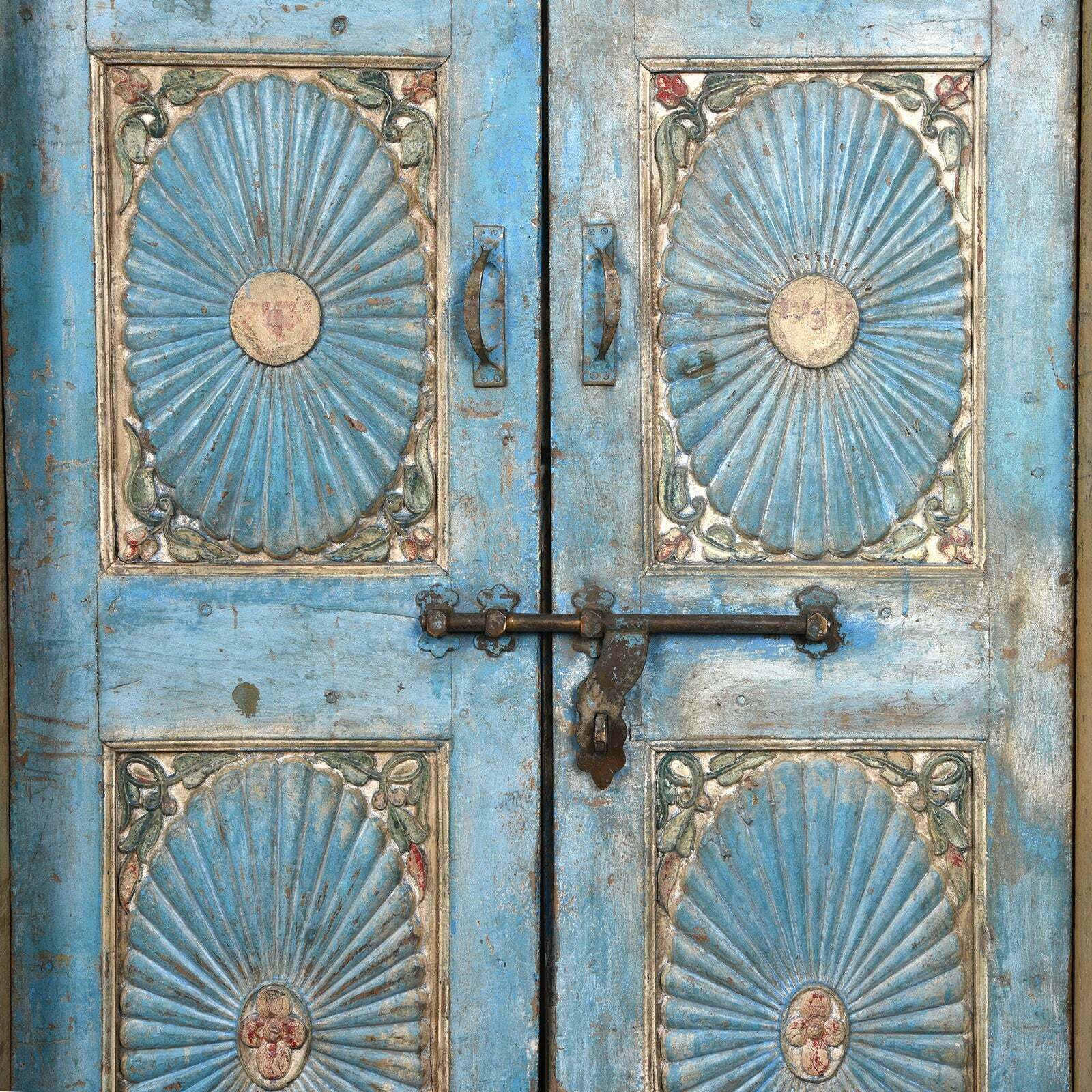 Antique Blue Painted Indian Sunburst Door & Frame, 19th Century photo furniture