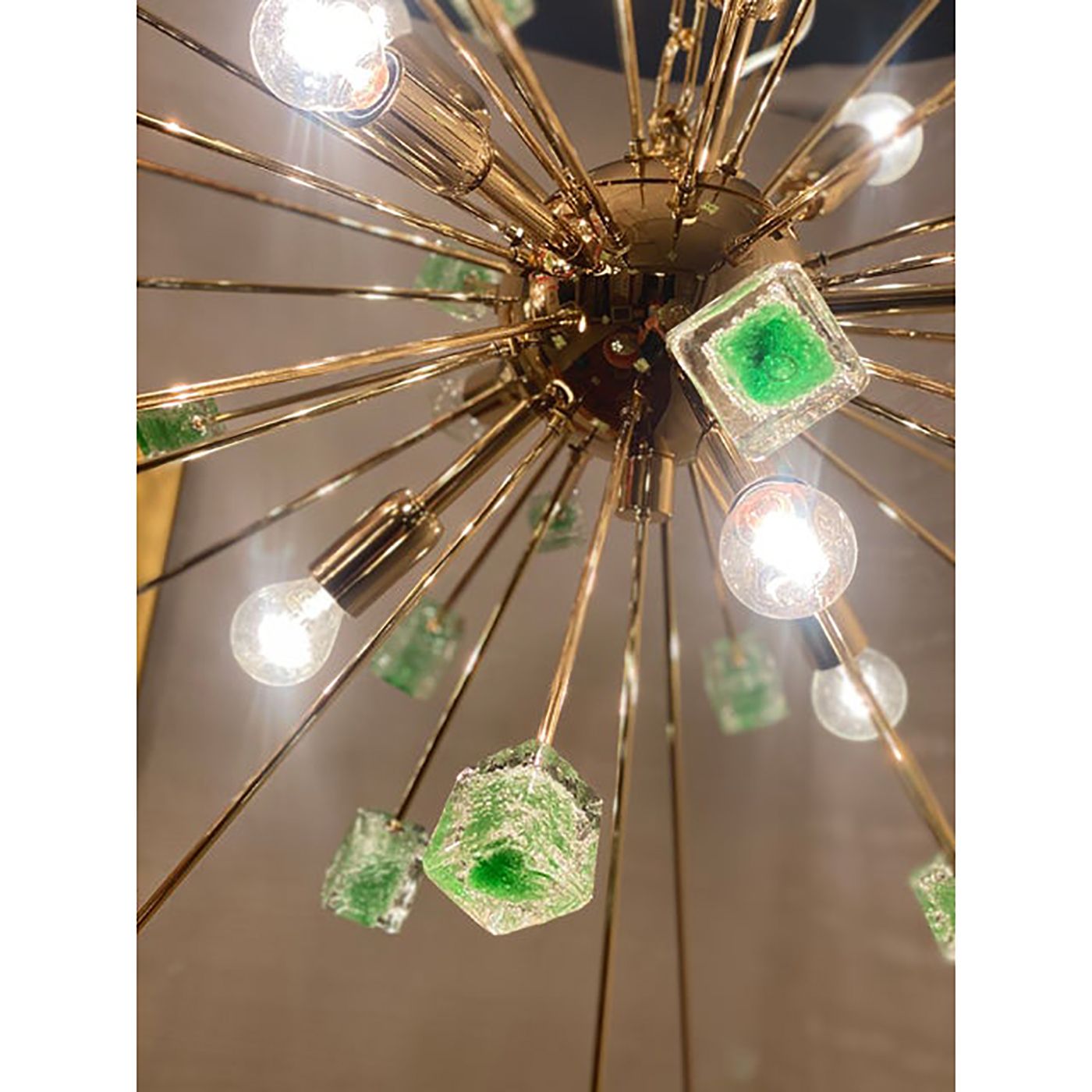 Green Cubes Murano Glass Gold Sputnik Chandelier photo vinterior