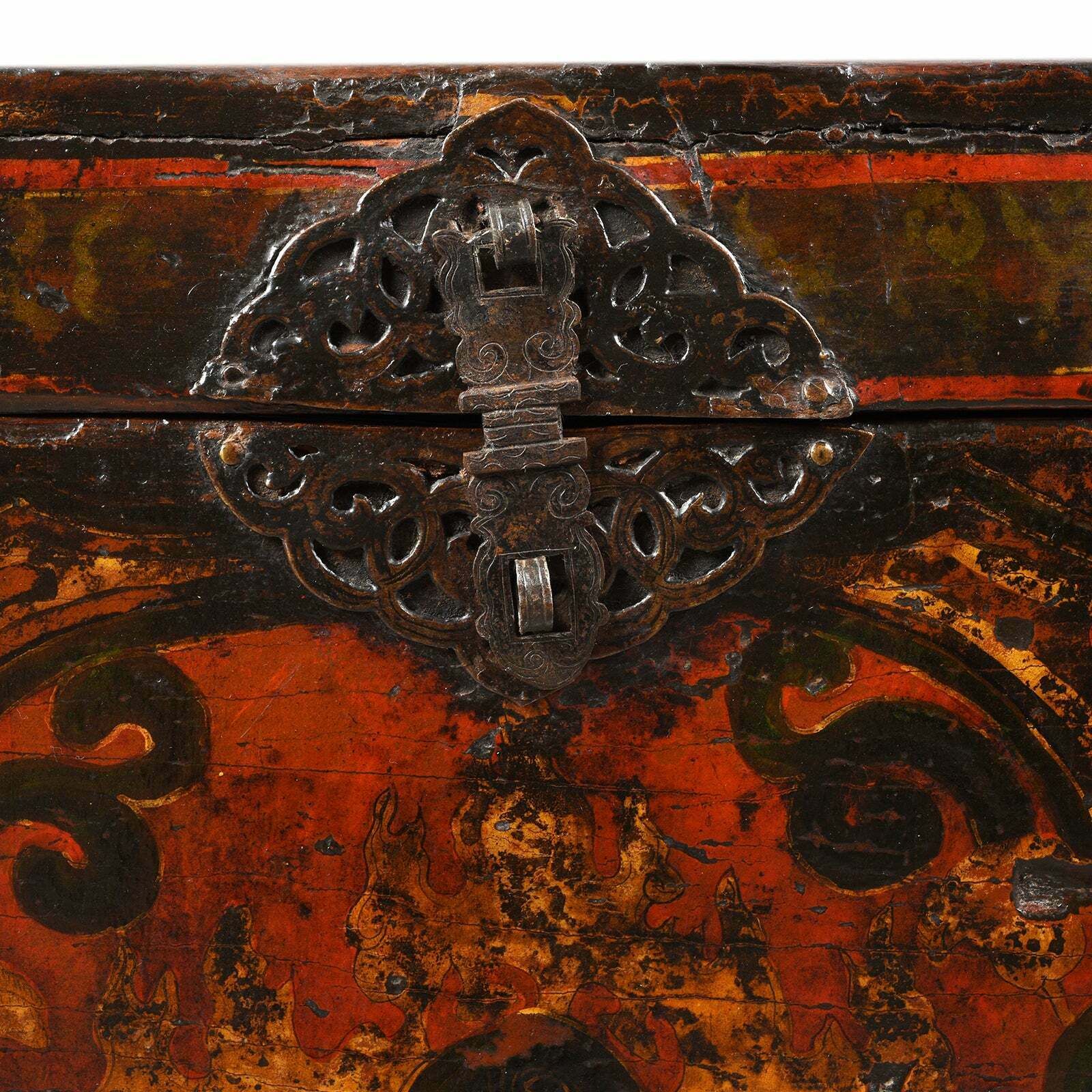 Antique Painted Tibetan Chest With Flaming Jewels, 18th Century photo buy