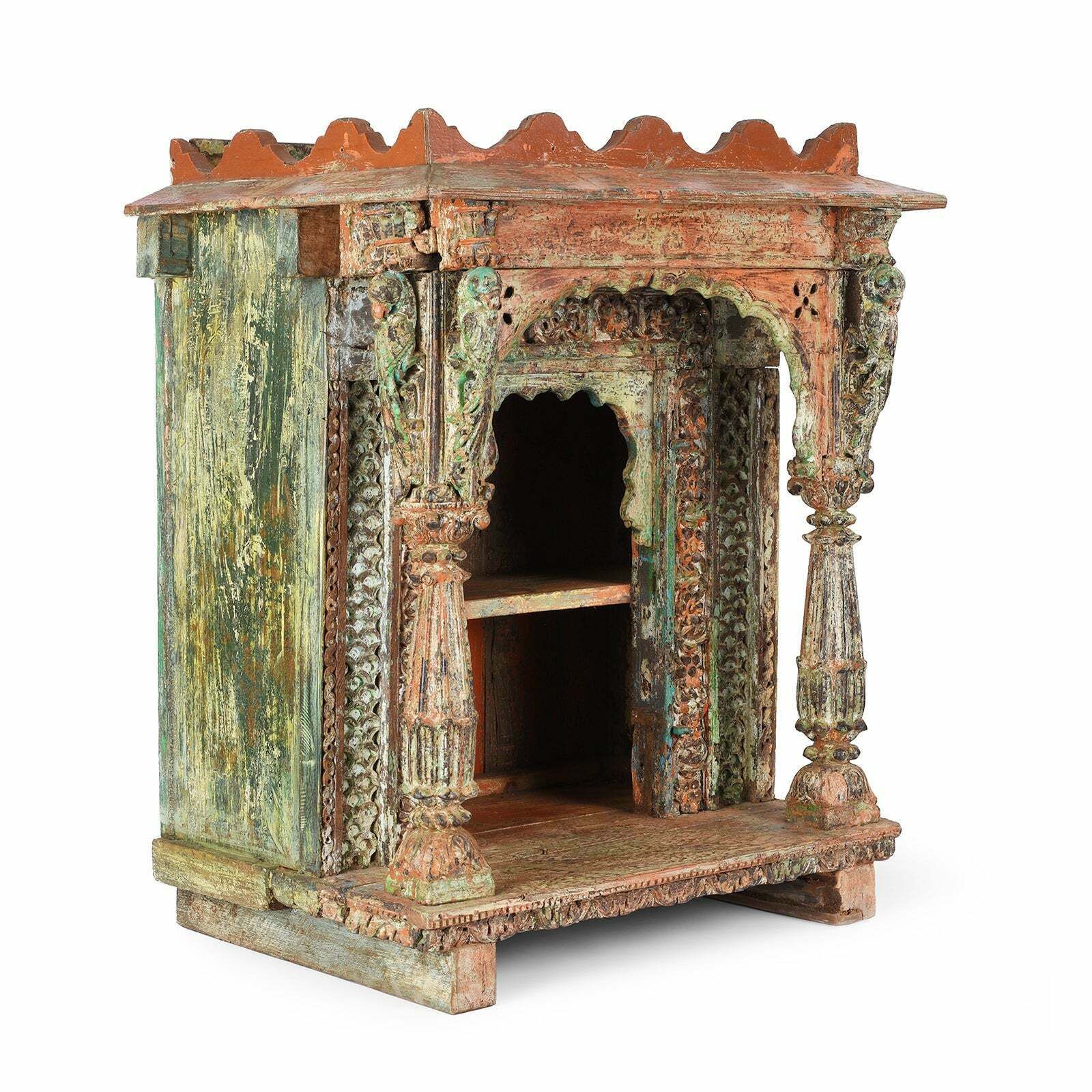 Antique Painted Indian Teak House Shrine From Gujarat, 19th Century photo furniture