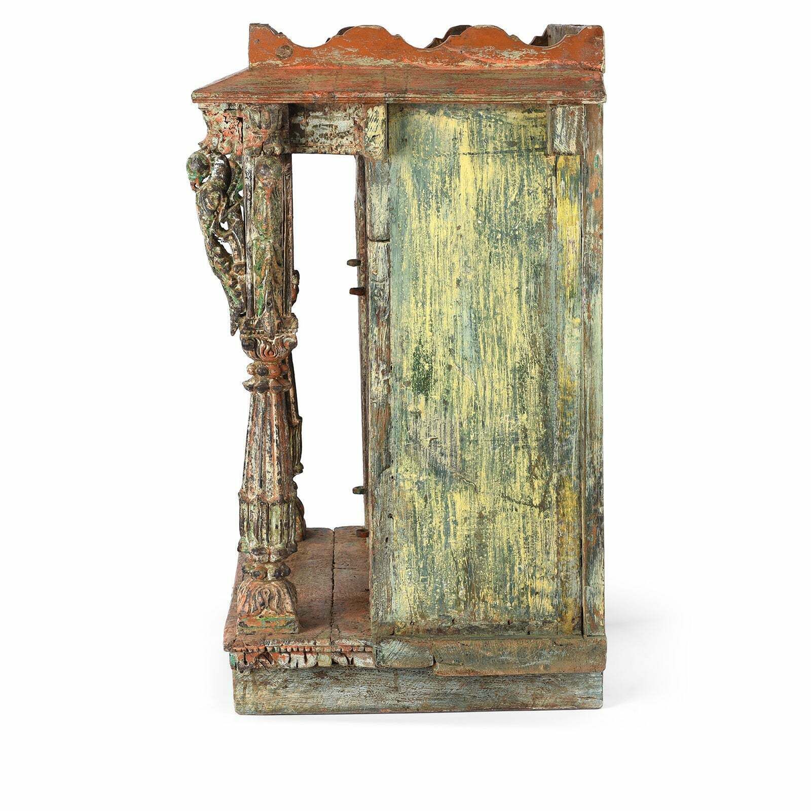 Antique Painted Indian Teak House Shrine From Gujarat, 19th Century photo vinterior
