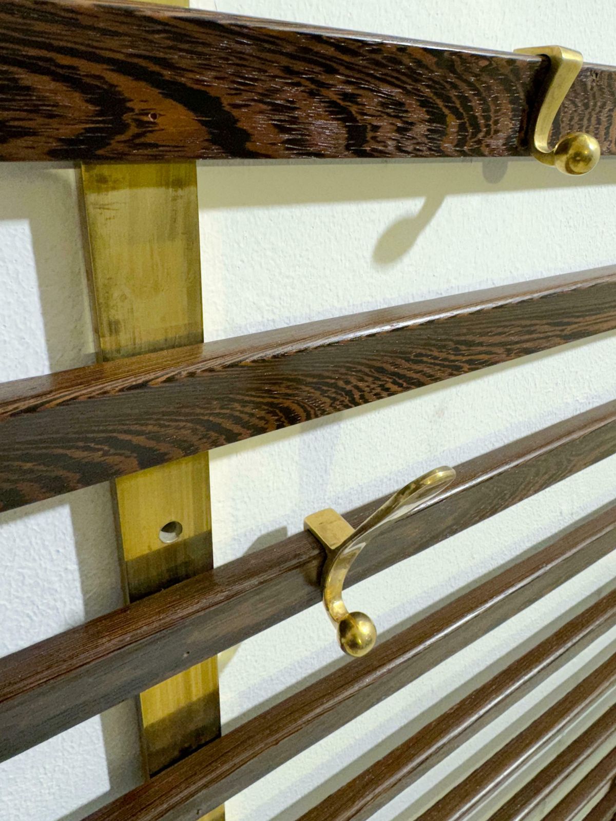 Mid Century Slatted Coat Rack By Jules Wabbes, Brass Hooks, Belgium, 1950s photo vinterior