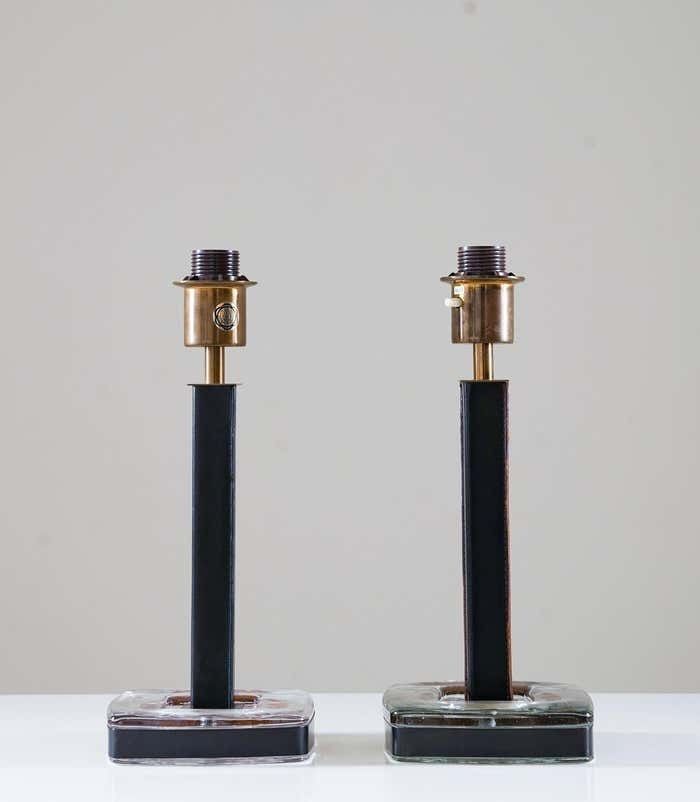 Pair Of Mid Century Swedish Table Lamps In Glass And Leather 1960s photo Lighting