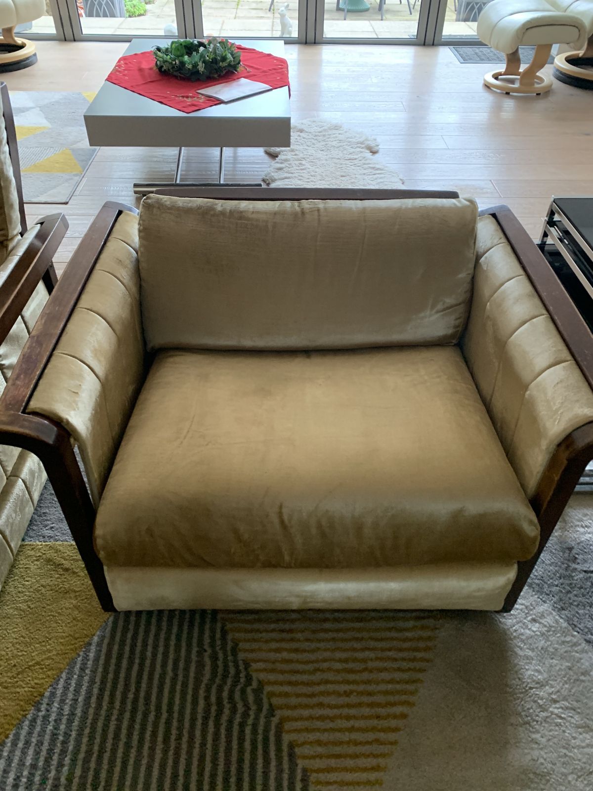 1970's Three Piece Suite.  Extra Long Settee; High Easy Chair; Low Easy Chair photo furniture