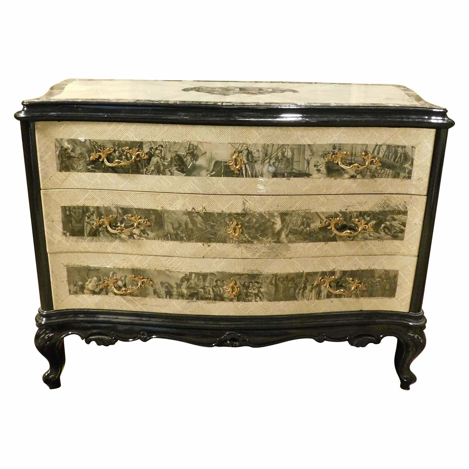 Vintage Black/White Wooden Dresser With Three Drawers, Covered In Paper, France photo vinterior