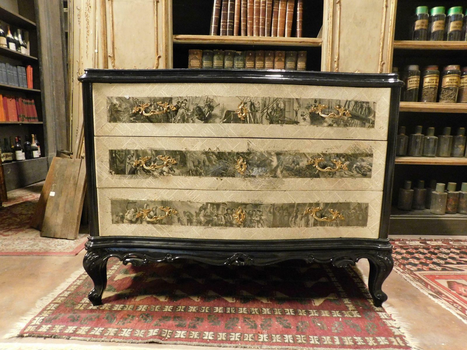 Vintage Black/White Wooden Dresser With Three Drawers, Covered In Paper, France photo buy
