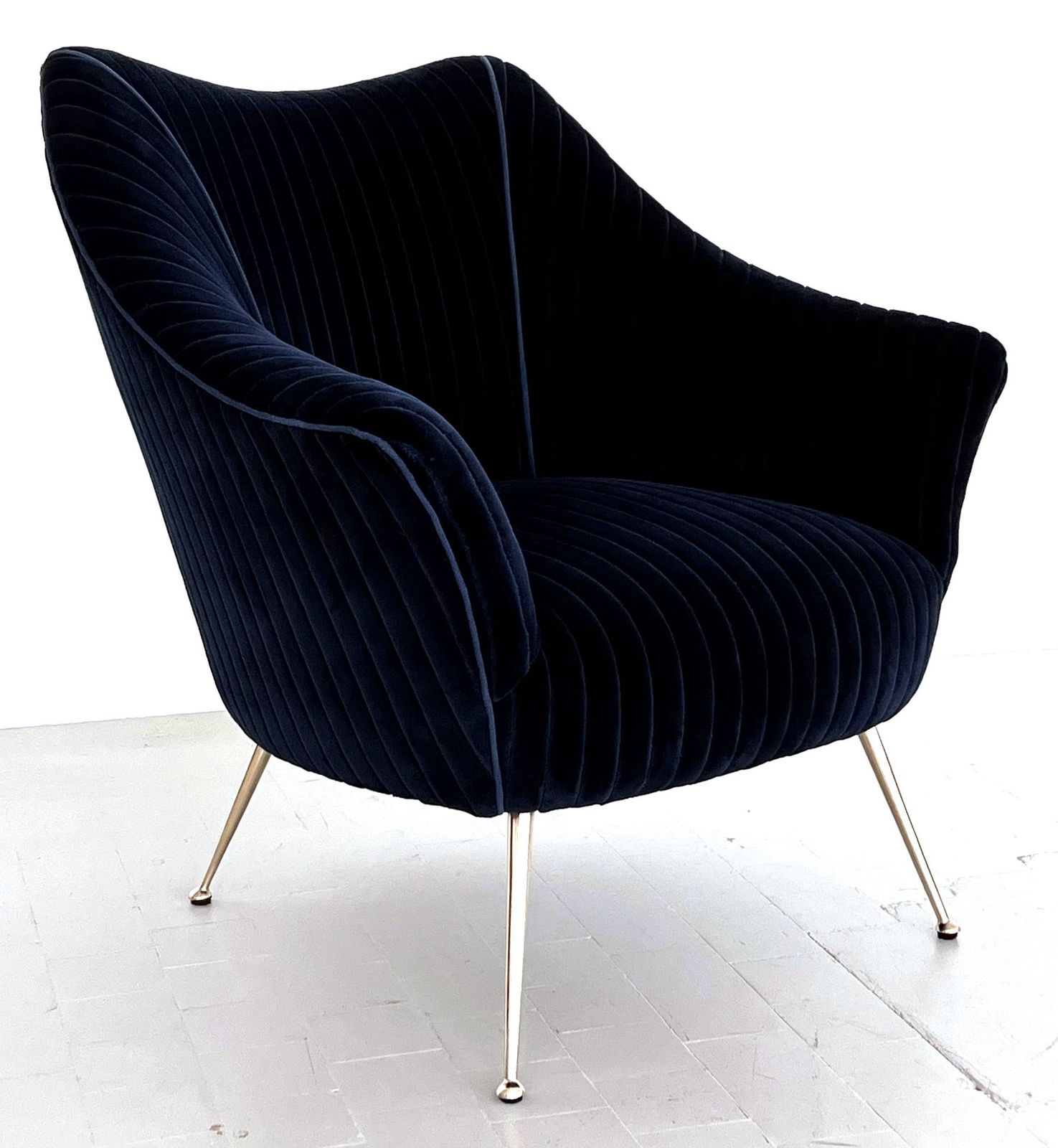 Italian Mid Century Armchair With Brass Legs Reupholstered In Magnificent Blue Velvet photo for sale
